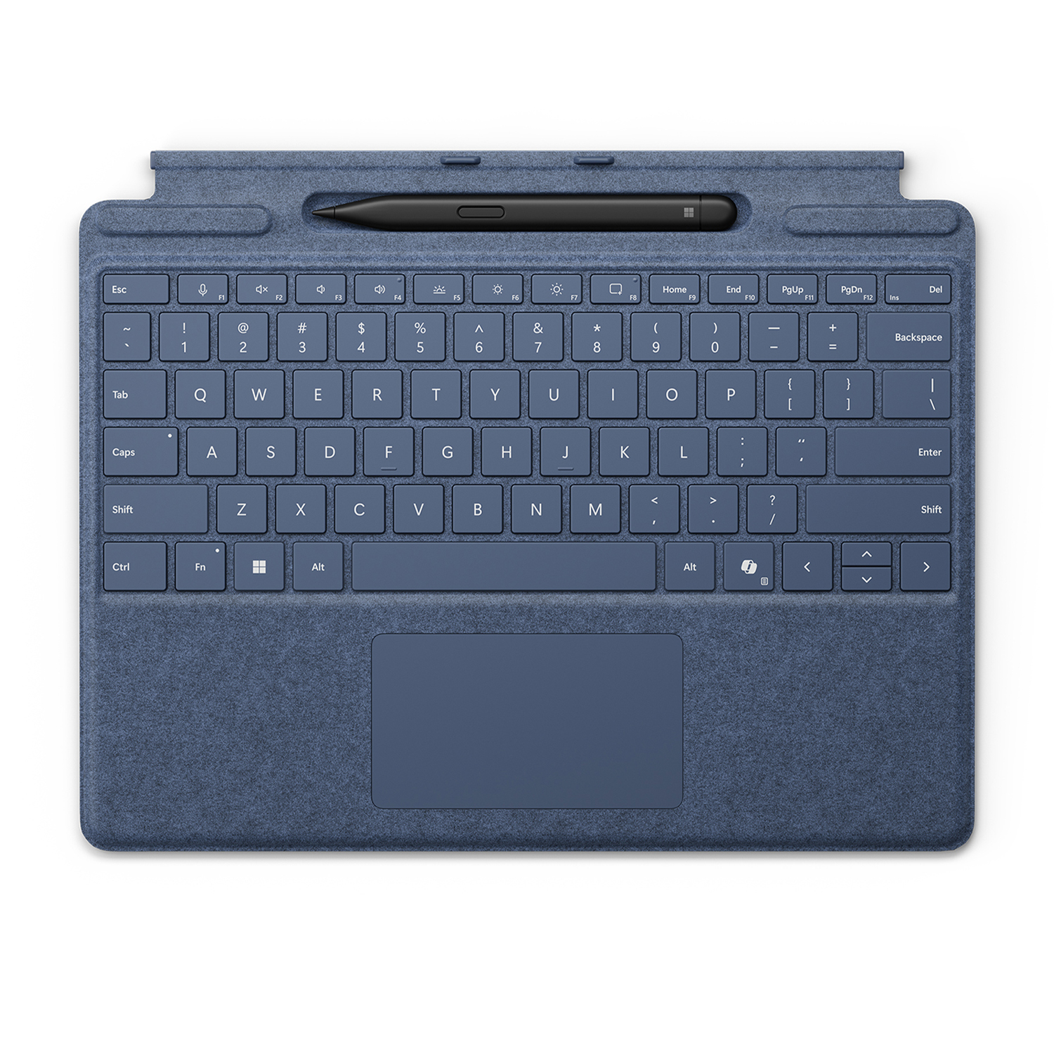 Una tastiera Microsoft Surface blu con una penna nera. I tasti sono visibili e il touchpad è in basso.