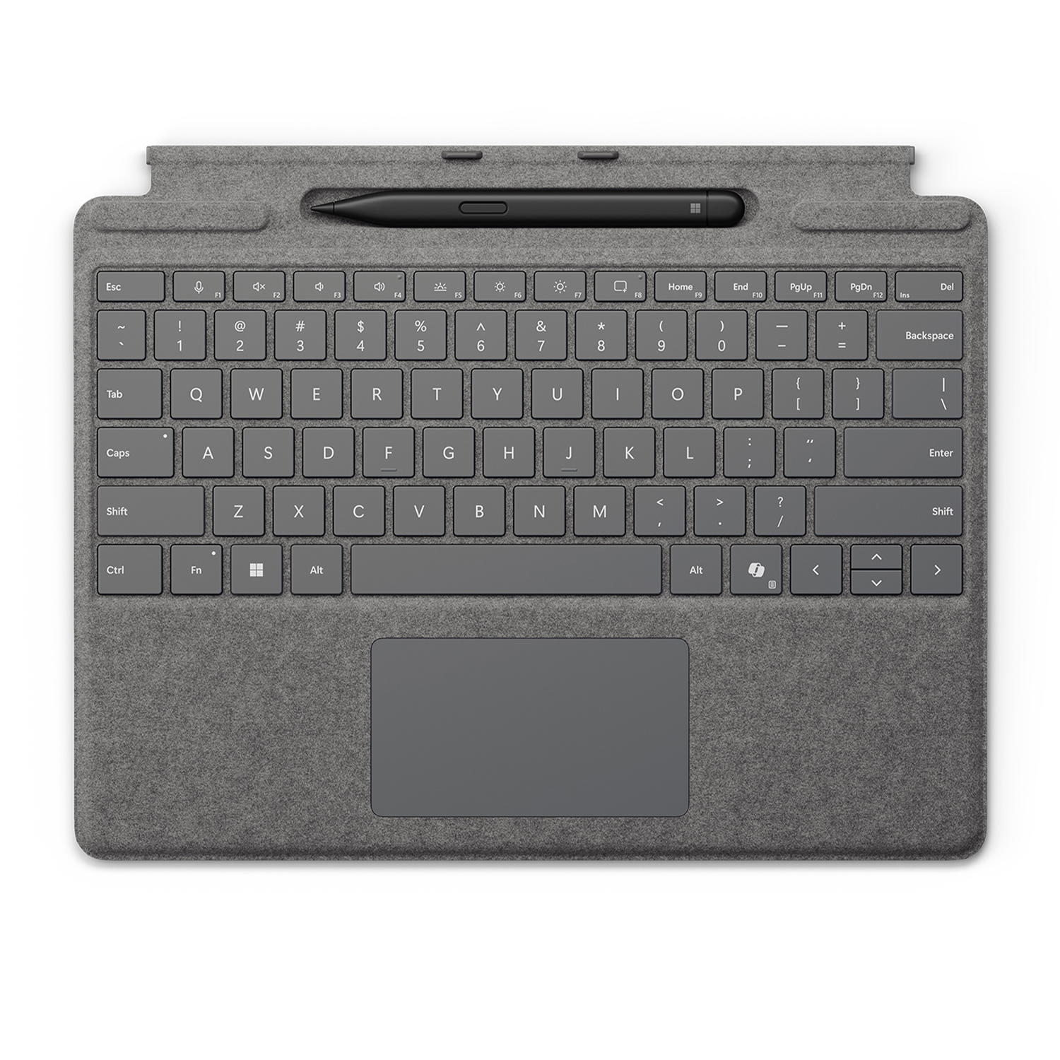 Una tastiera e un touchpad grigi con una penna sopra. I tasti includono lettere, numeri e tasti funzione.