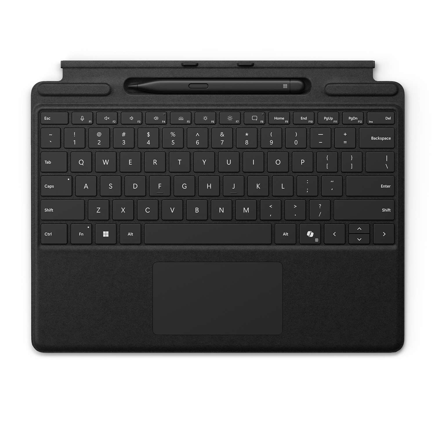Tastiera nera con touchpad e stilo. Tasti: lettere, numeri e funzioni. Logo Microsoft visibile.