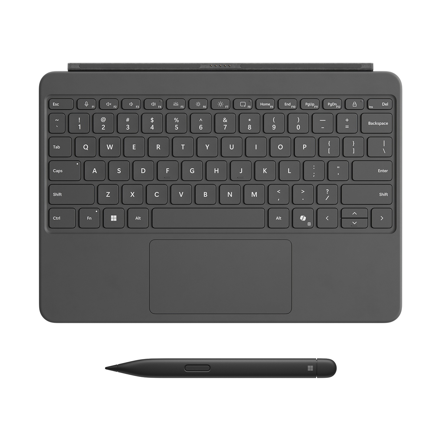 Una tastiera grigio scuro con stilo abbinato. I tasti sono etichettati e disposti in un layout QWERTY standard.