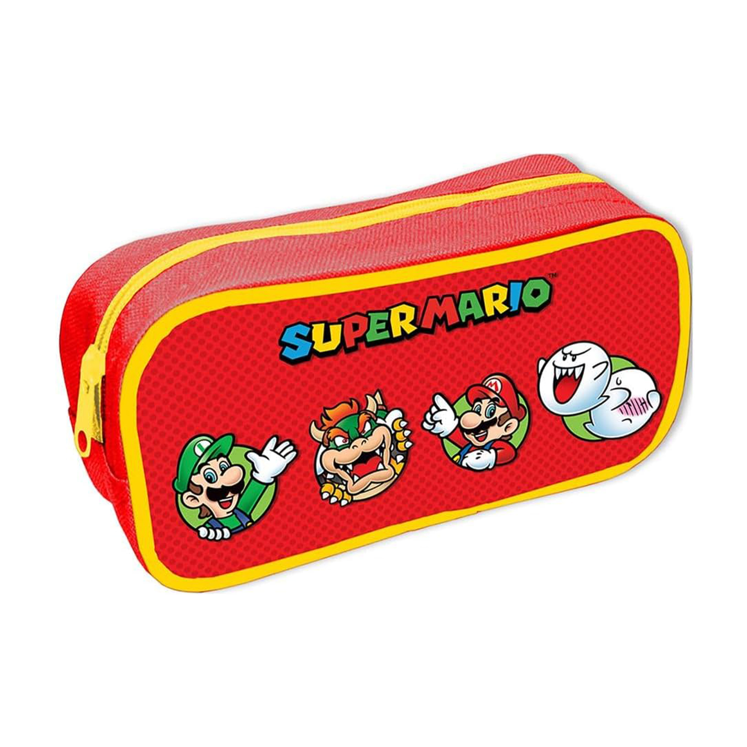 Astuccio Super Mario rosso con bordi e cerniera gialli. Con i personaggi di Mario, Luigi, Bowser e Boo.