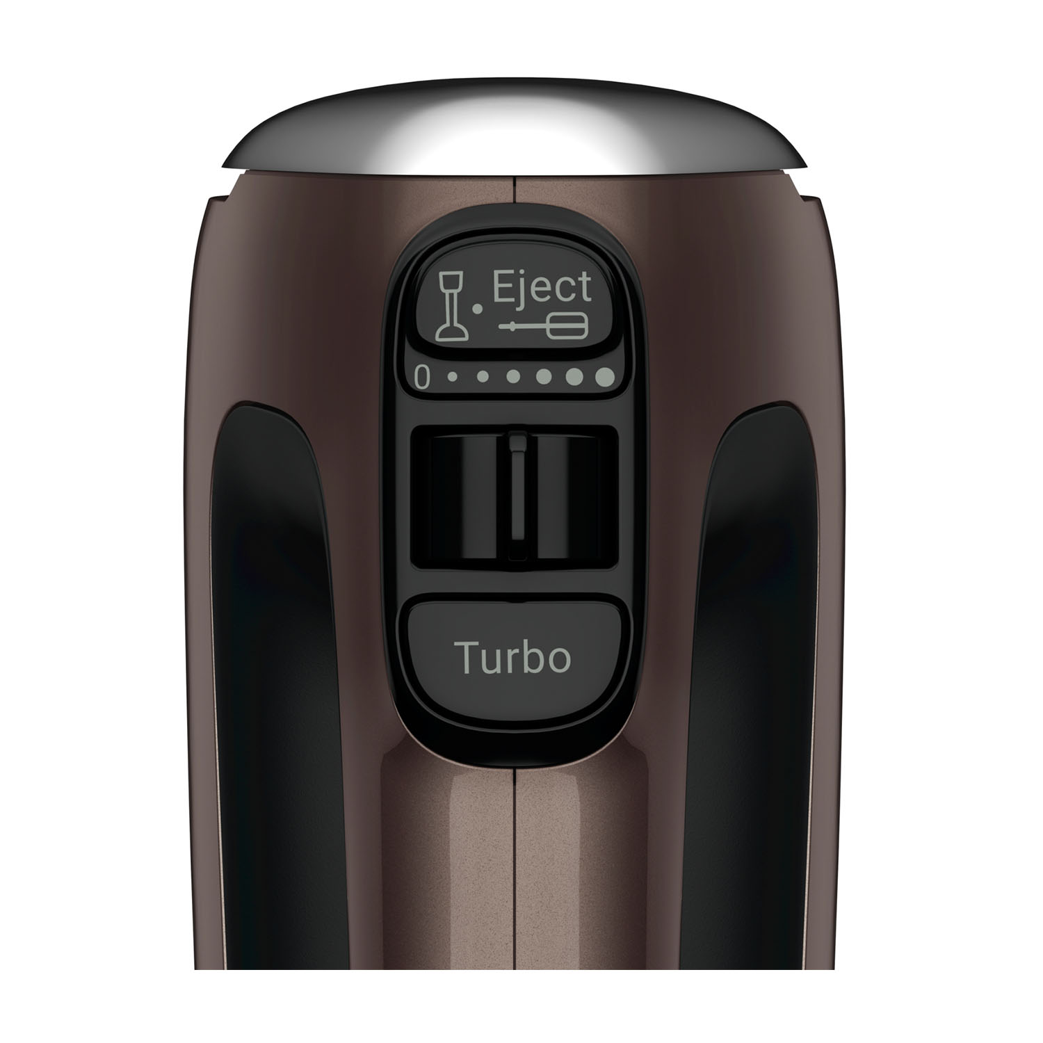 Gros plan sur un batteur à main marron et noir. Il possède des boutons pour l'éjection et le turbo, avec un cadran de vitesse et un dessus métallique.