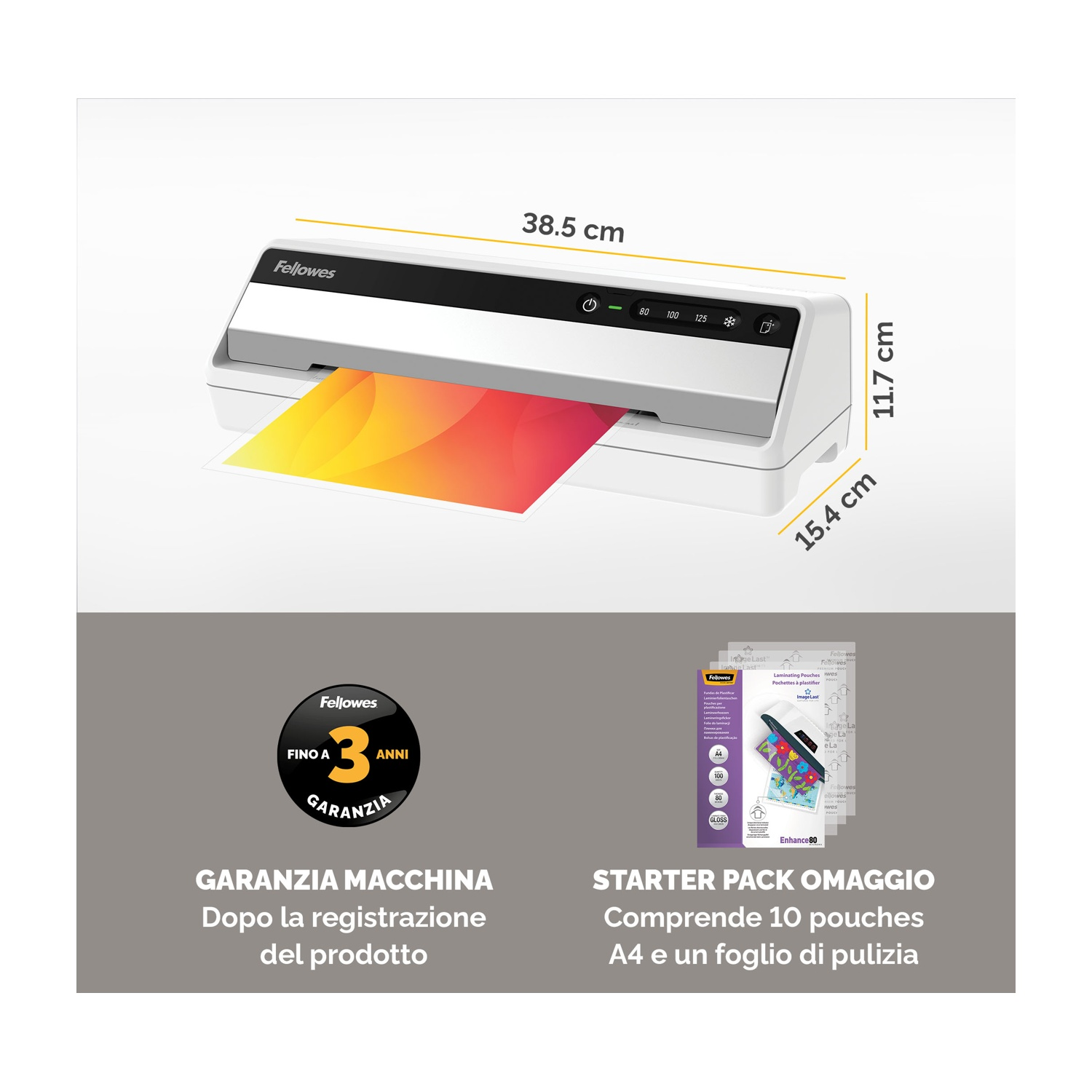 Biała laminarka Fellowes z wychodzącym arkuszem papieru. Zawiera informacje o gwarancji i pakiet startowy.