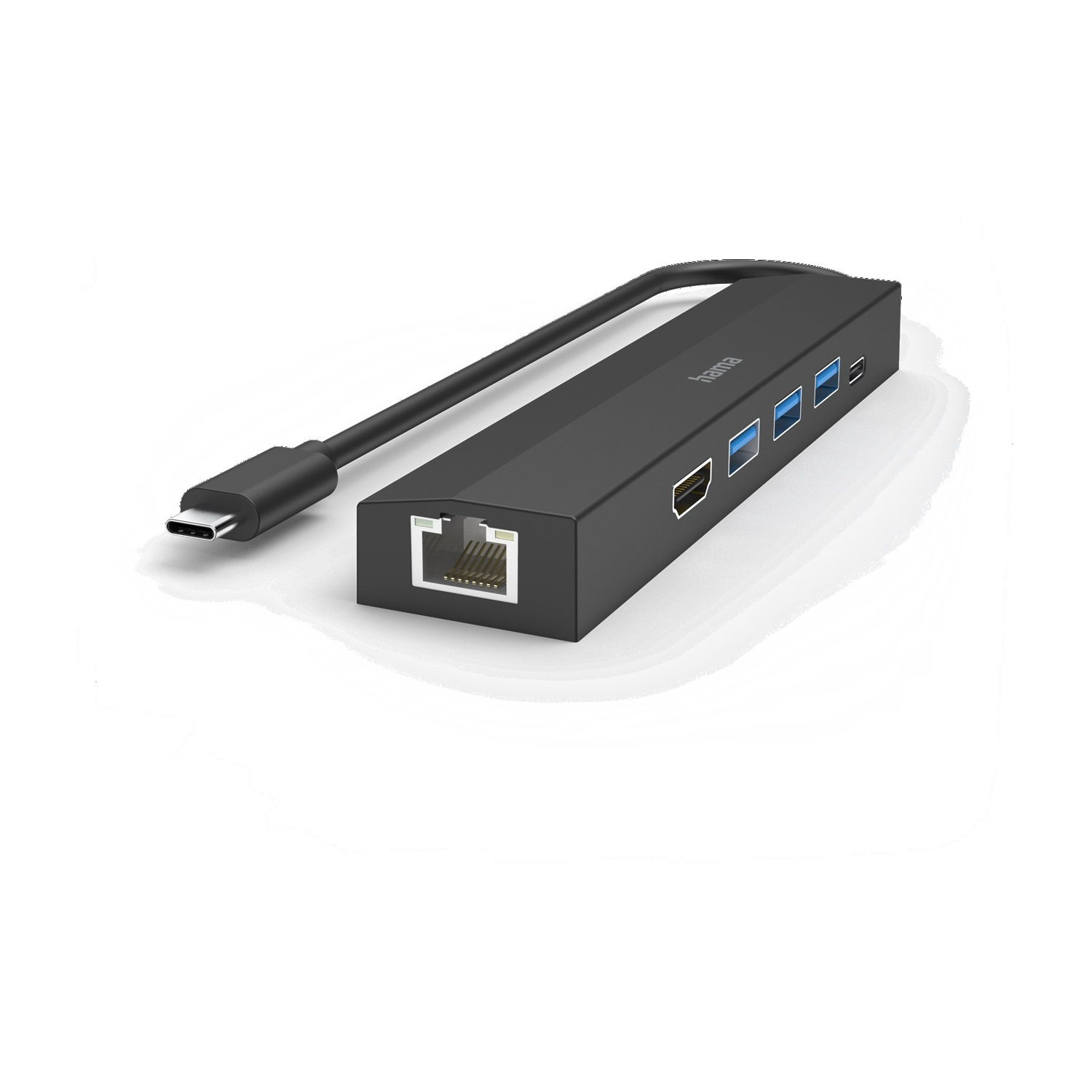 Czarny hub USB-C Hama z wieloma portami, w tym HDMI, USB i Ethernet. Kabel USB-C wychodzi z urządzenia.