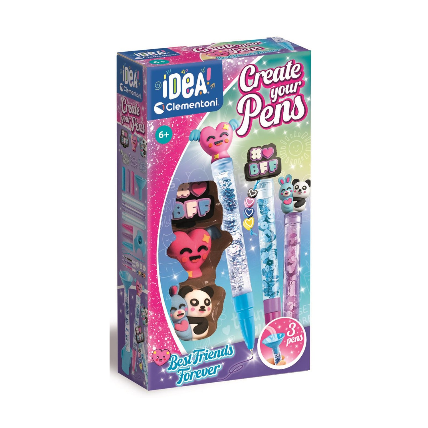 Schachtel mit dem 'Create Your Pens'-Kit. Es enthält drei Stifte mit dekorativen Aufsätzen. Die Schachtel ist bunt mit Text und Illustrationen der Stifte.