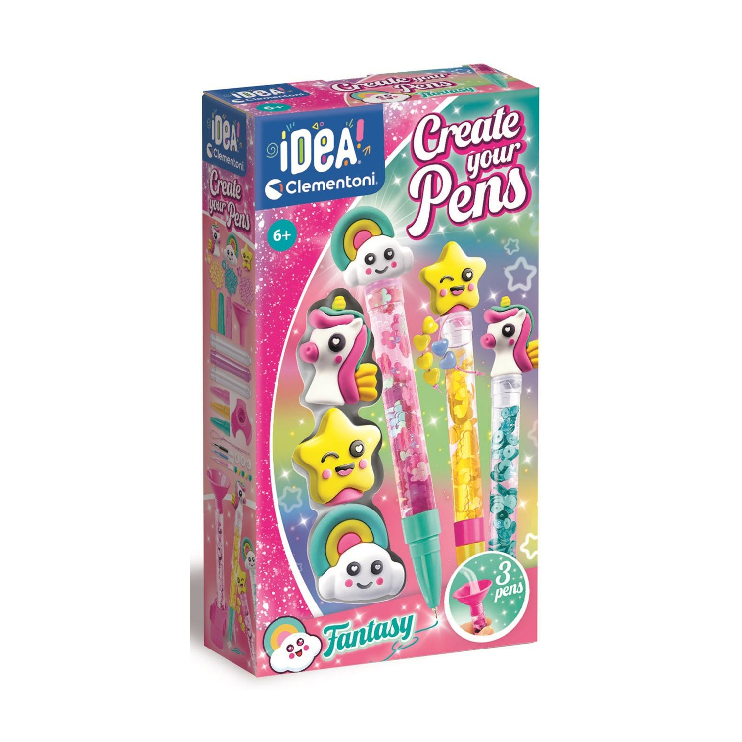 Scatola del kit 'Crea le tue penne'. Include penne con decorazioni a stella, nuvola e unicorno. Ha un design rosa, blu e giallo.