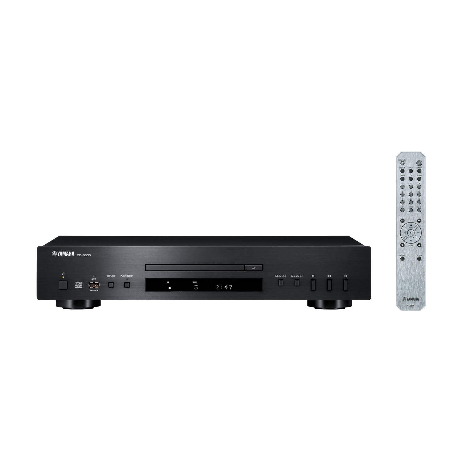 Schwarzer Yamaha CD-S303-Player mit silberner Fernbedienung. Das Display zeigt Titel 3, Zeit 2:47. Auf beiden Geräten sind Knöpfe zu sehen.