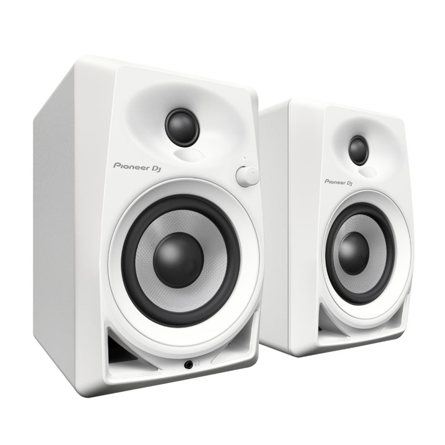 Due altoparlanti bianchi Pioneer DJ. Ognuno ha un woofer, un tweeter e un controllo del volume. Il logo è visibile.