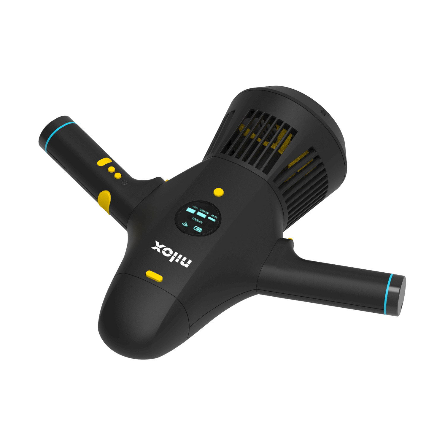 Czarne i żółte urządzenie Nilox z dwoma uchwytami i wyświetlaczem. Na białym tle. Urządzenie ma konstrukcję podobną do wentylatora.
