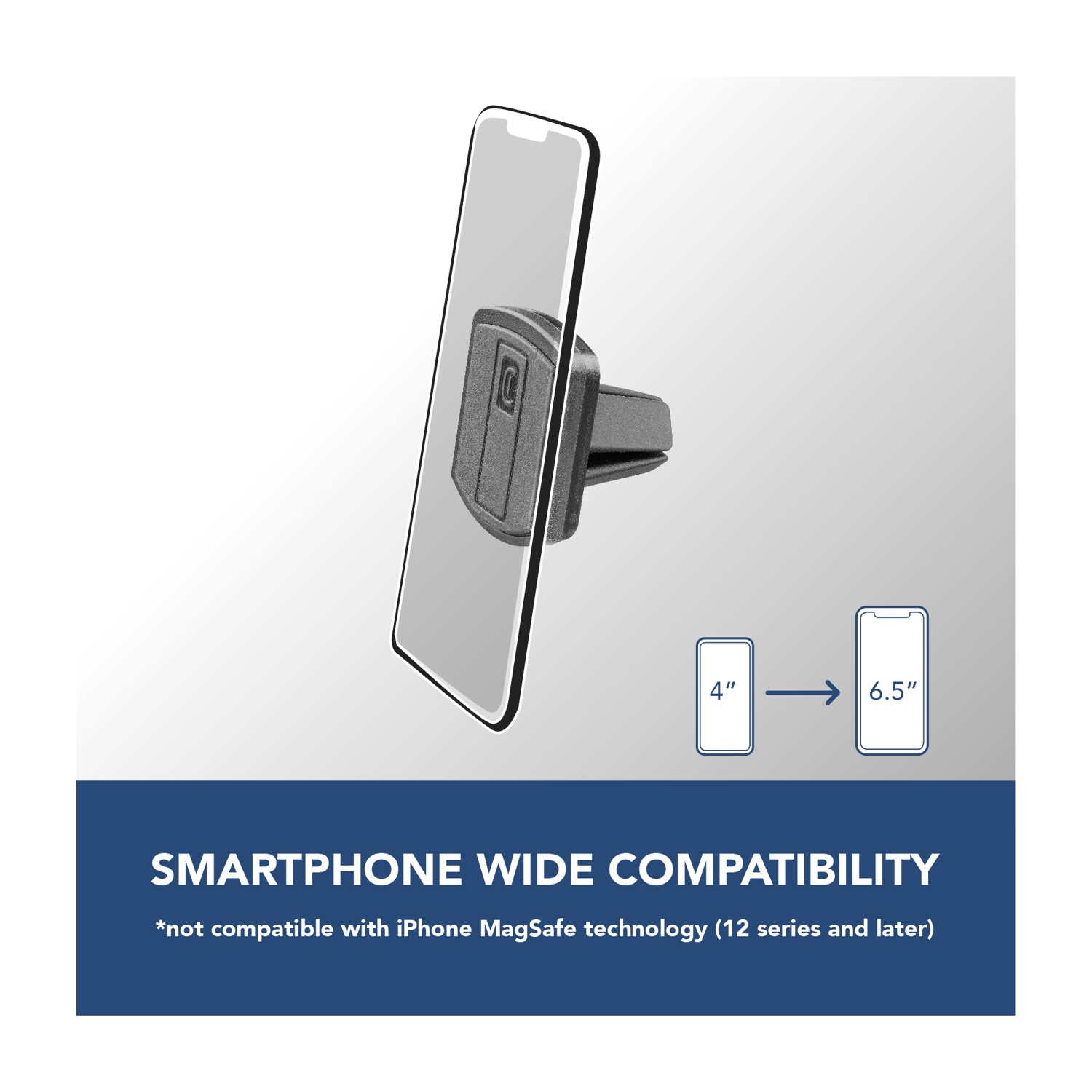 Ein Telefonhalter mit einem Telefon darin, der die Größenkompatibilität von 4" bis 6,5" zeigt. Der Text lautet: Smartphone-Kompatibilität.