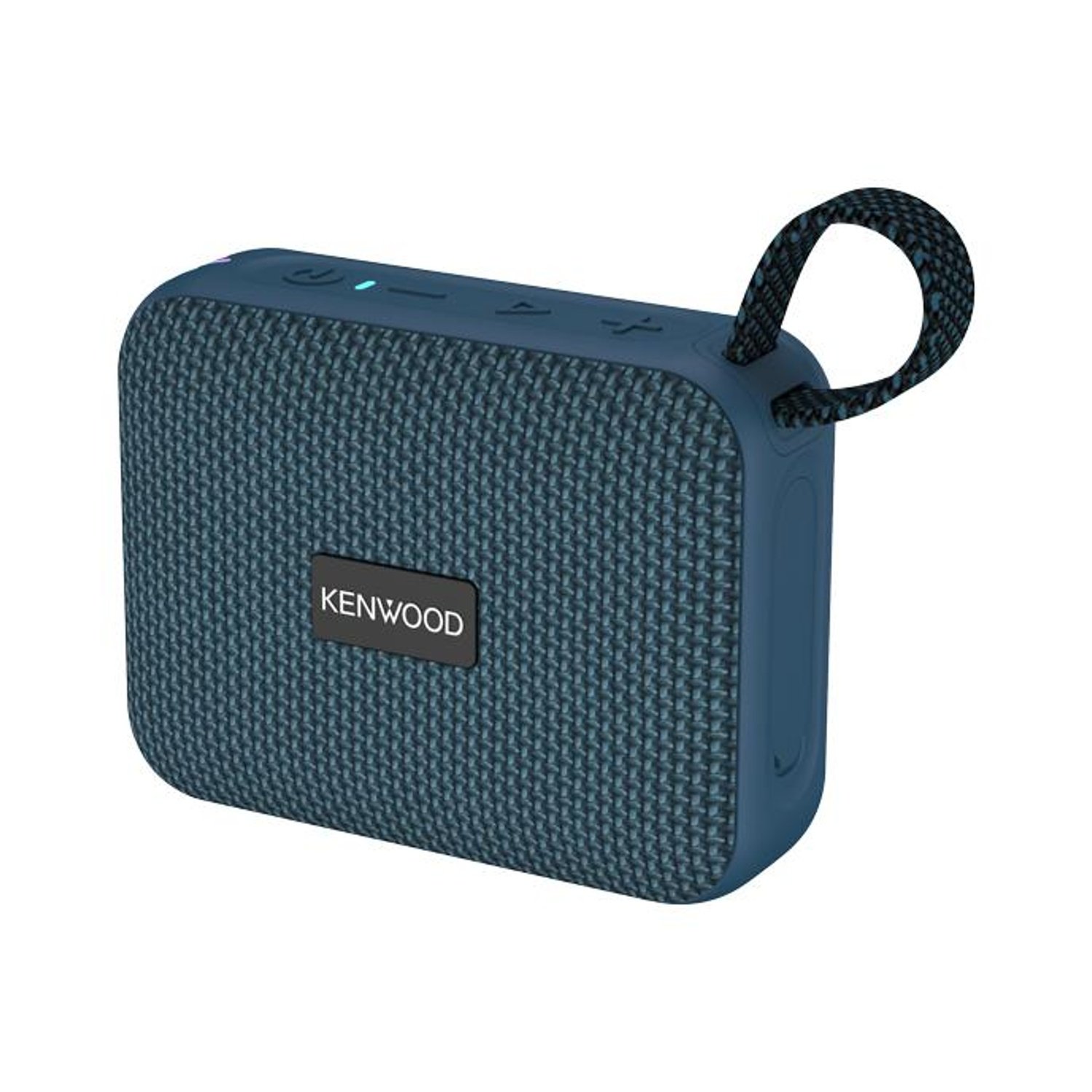 Un altoparlante portatile Kenwood blu con manico nero. Ha una trama simile al tessuto e pulsanti di controllo sulla parte superiore.