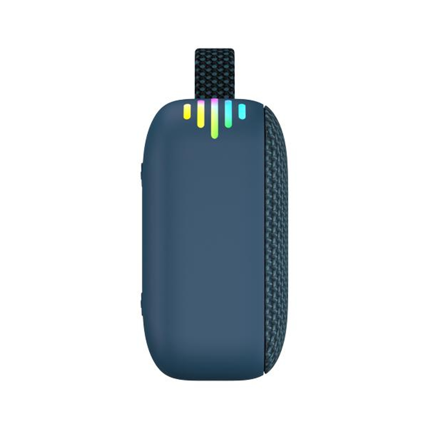 Un altoparlante portatile blu scuro con un cinturino nero. L'altoparlante ha un lato in rete e luci colorate sulla parte superiore.