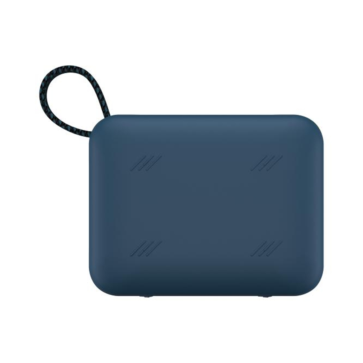Una custodia rettangolare blu navy con un passante nero in alto. Presenta linee diagonali e sfondo bianco.