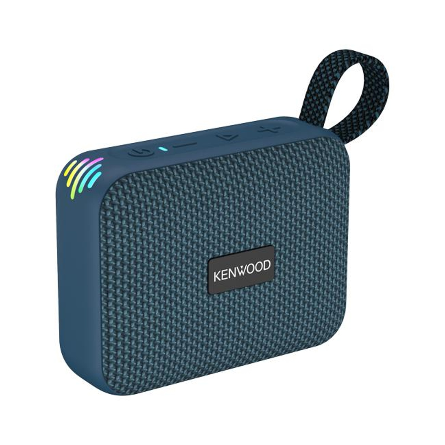 Un altoparlante portatile Kenwood blu con una copertura in tessuto blu scuro, una cinghia e luci illuminate sul lato.