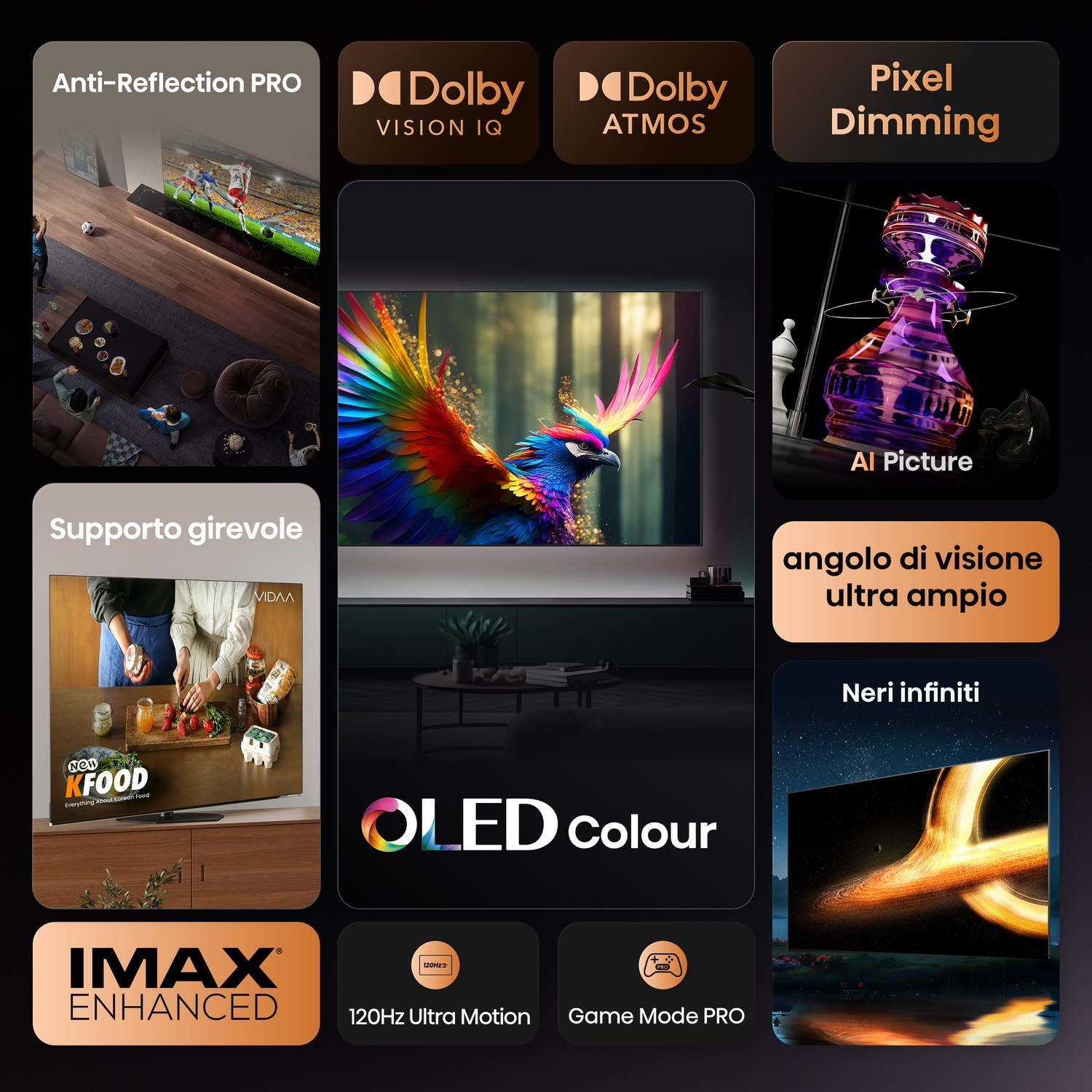 Anuncio de un televisor. Muestra un partido de fútbol, un pájaro colorido y otras funciones como el color OLED.