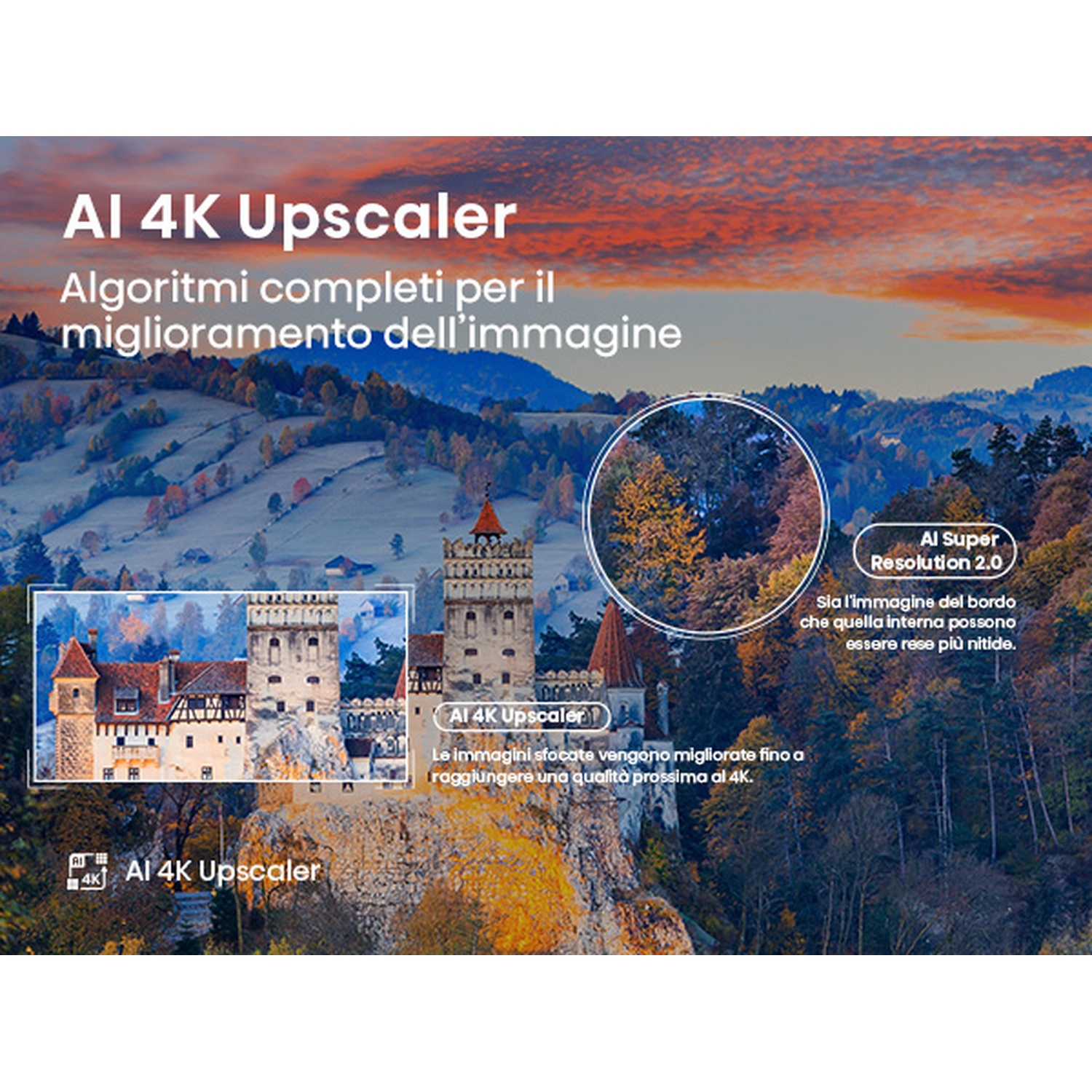 Anuncio muestra castillo en paisaje montañoso. El texto detalla la tecnología de escalado de IA, mejorando la calidad a 4K.