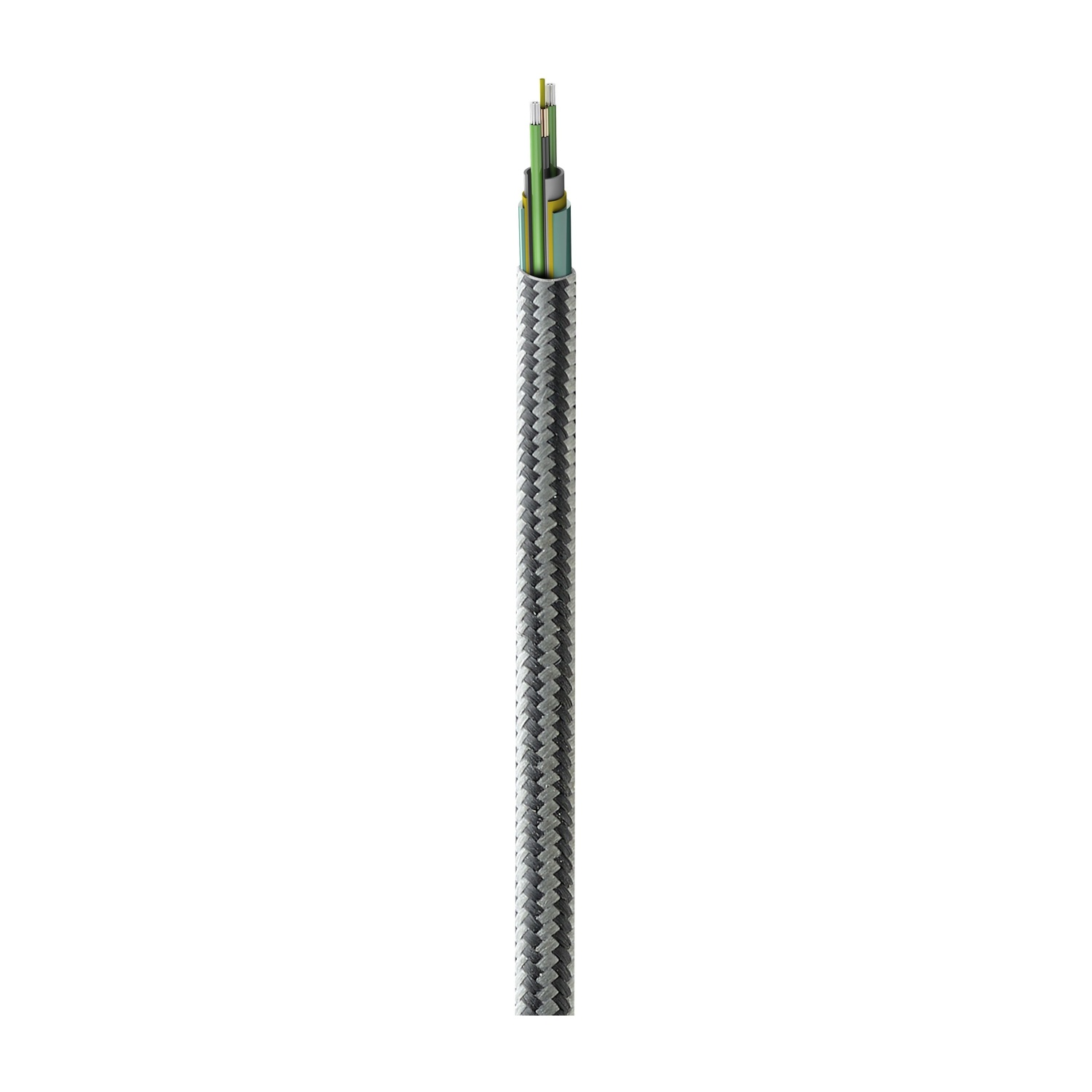 Primer plano de un cable con exterior trenzado gris. El extremo cortado revela cables de colores en el interior.
