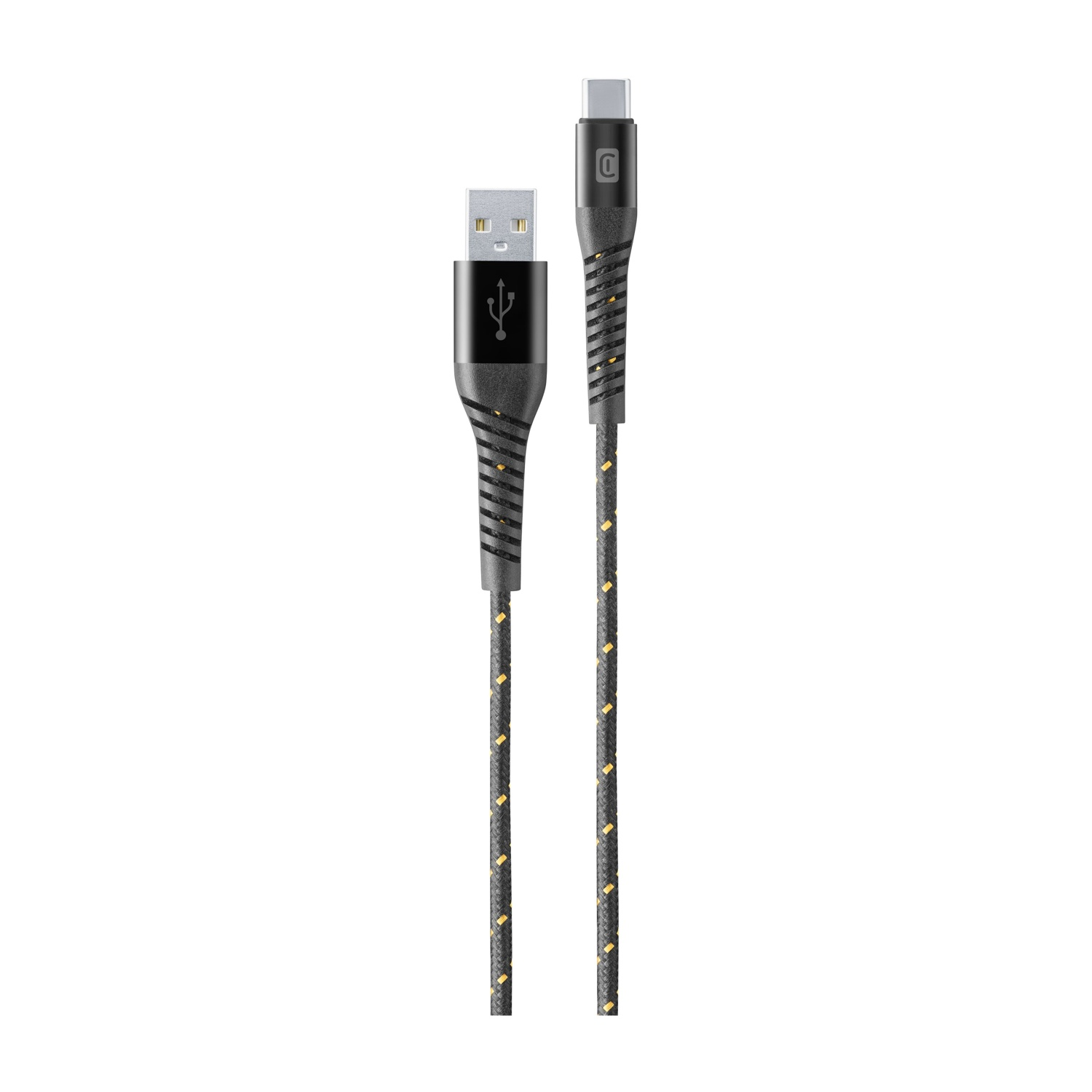 Un cable USB-C a USB-A se muestra sobre un fondo blanco. Tiene un cable a rayas negras y amarillas.