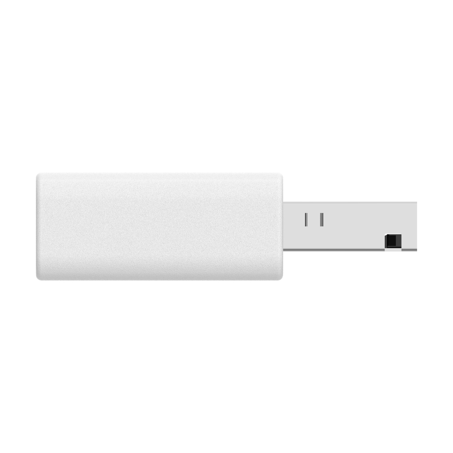 A white USB device with a rectangular body and a flat, rectangular connector. The connector has two small lines and a black square.