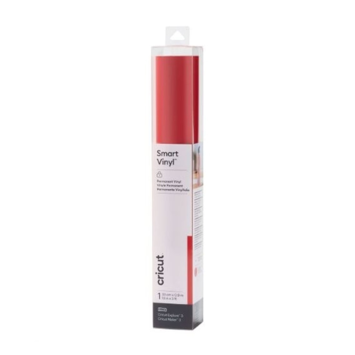 Eine rote Rolle Cricut Smart Vinyl in einer durchsichtigen Plastikhülle. Die Verpackung hat Text und Logos.