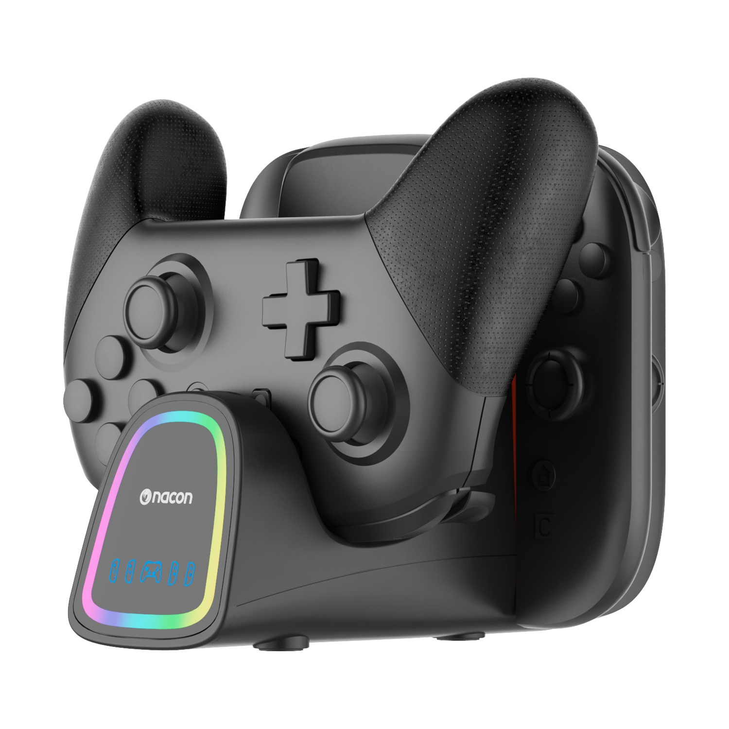 Controller di gioco nero con base di ricarica. La base ha una luce colorata e un display. Il controller ha pulsanti e joystick.