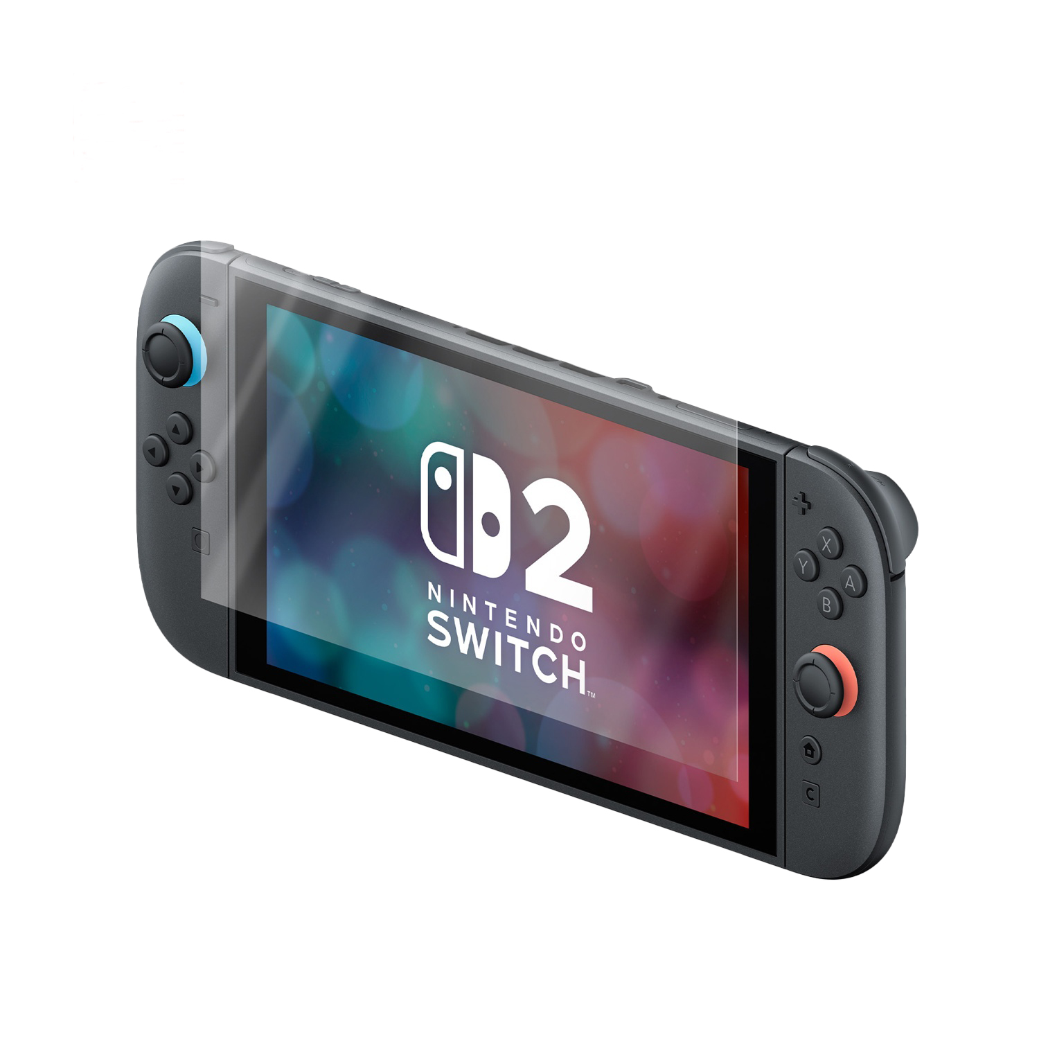 Una console Nintendo Switch 2. Ha uno schermo e controller su entrambi i lati. Lo schermo mostra il logo su sfondo bianco.