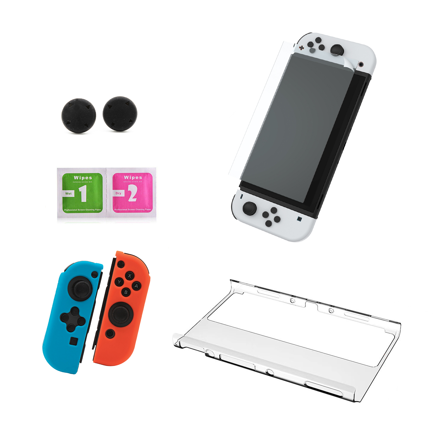 Un Nintendo Switch bianco, una protezione per lo schermo, Joy-Cons e un kit di pulizia sono mostrati su una superficie bianca. Sono visualizzati gli accessori.
