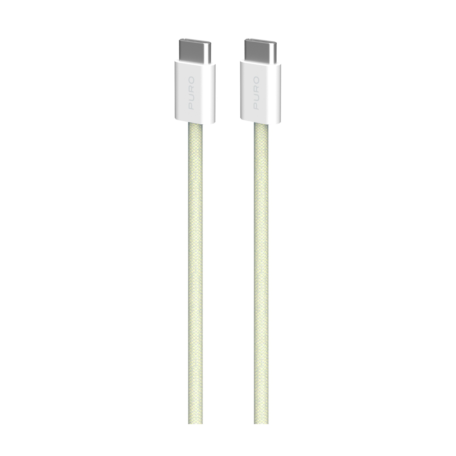 Twee verticale USB-C-kabels, witte connectoren met 'PURO' tekst, lichtgroene gevlochten snoeren, op witte achtergrond.