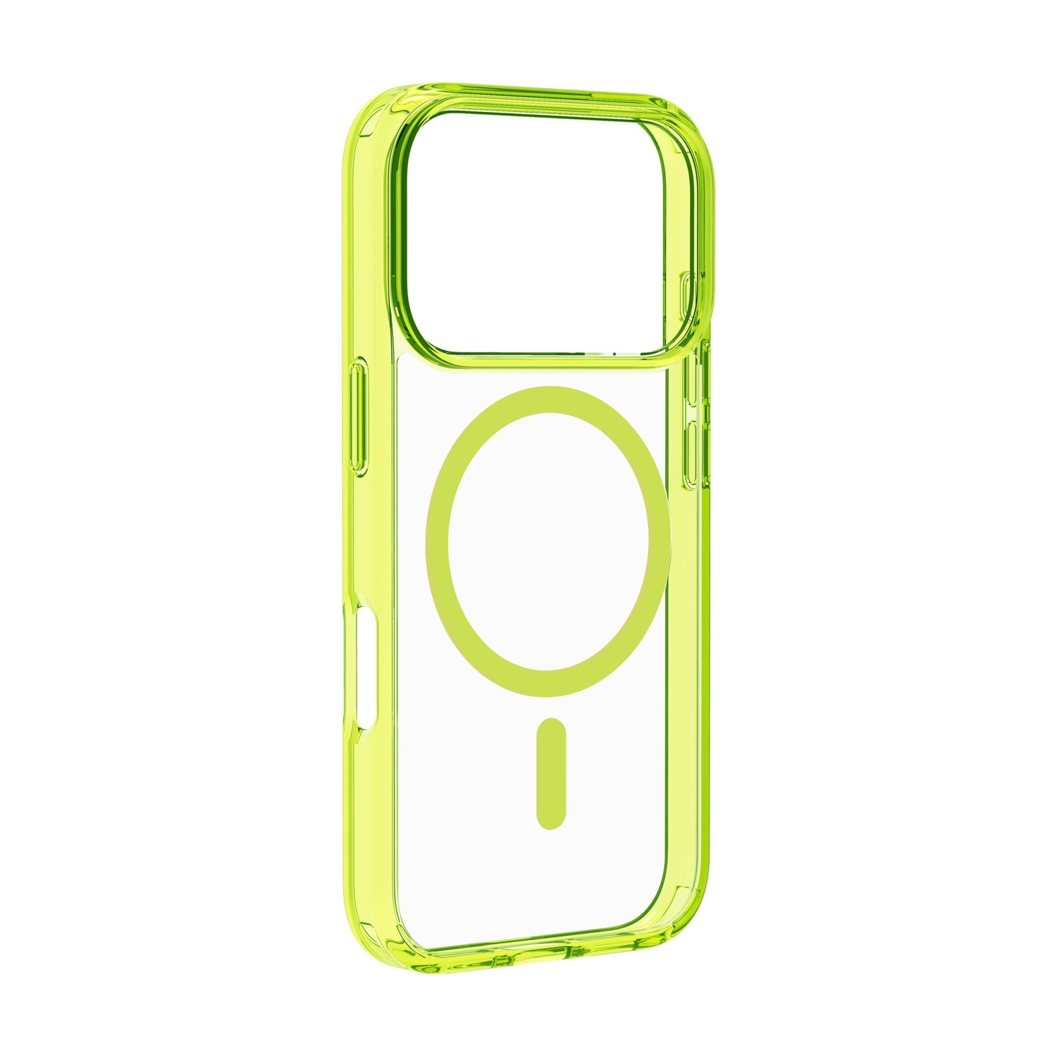 Una custodia trasparente per telefono con cornice verde neon e design ad anello e barra abbinati. Sfondo bianco.