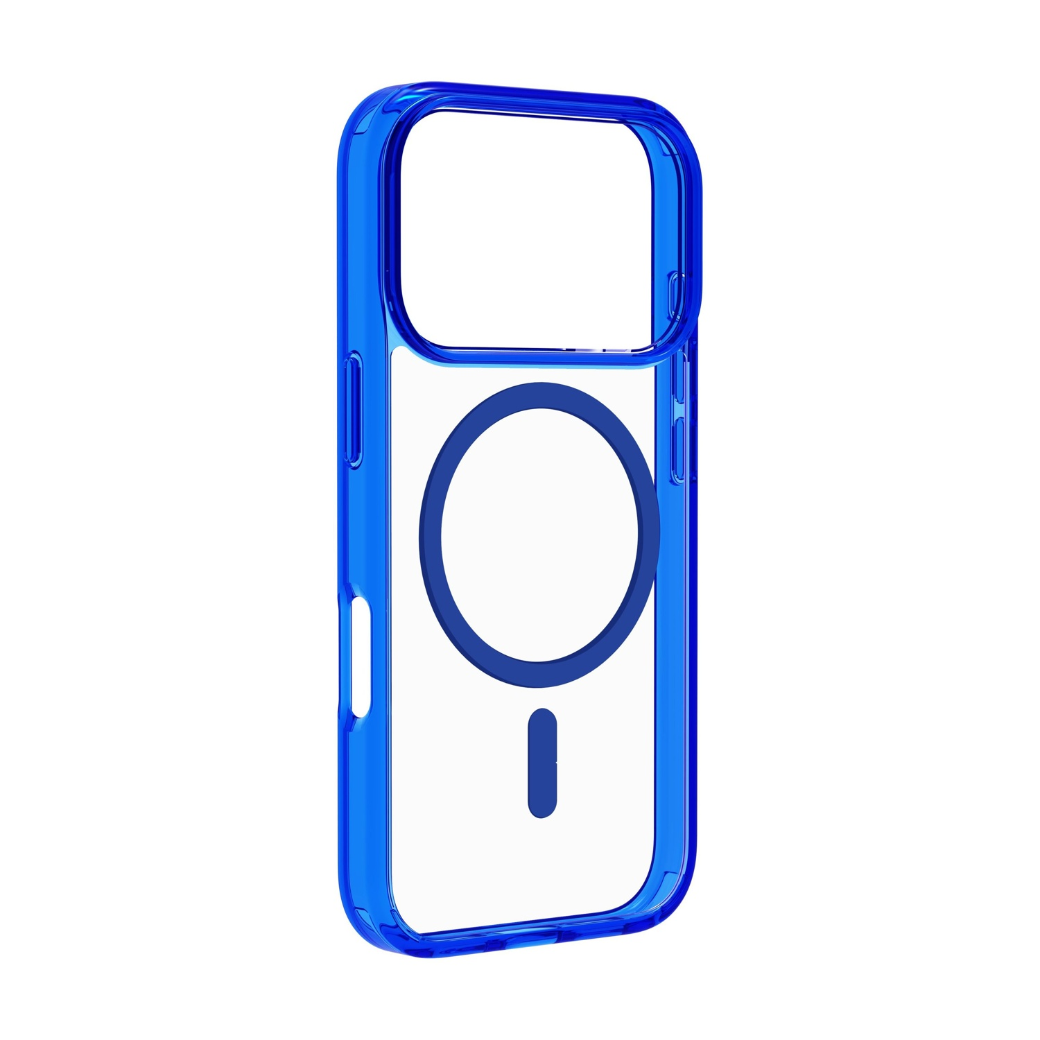 Una custodia per telefono blu trasparente con design MagSafe. La custodia è su sfondo bianco. Sono visibili un cerchio e un trattino blu.