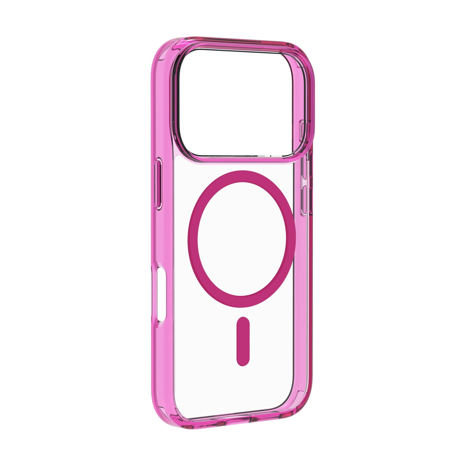 Una custodia trasparente per iPhone con bordo rosa e un cerchio rosa con un segno meno al centro, su sfondo bianco.