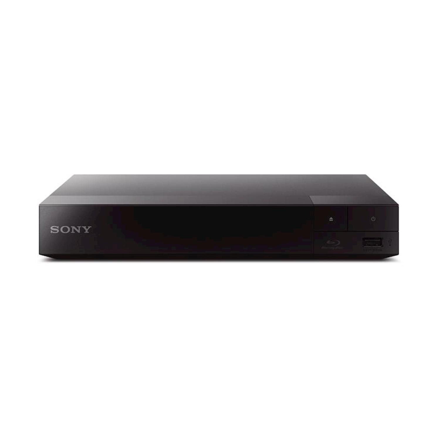 Ein schwarzer Sony Blu-ray-Player ist zentriert. Er hat einen Ein-/Ausschalter, einen Disc-Slot und einen USB-Anschluss. Der Hintergrund ist weiß.