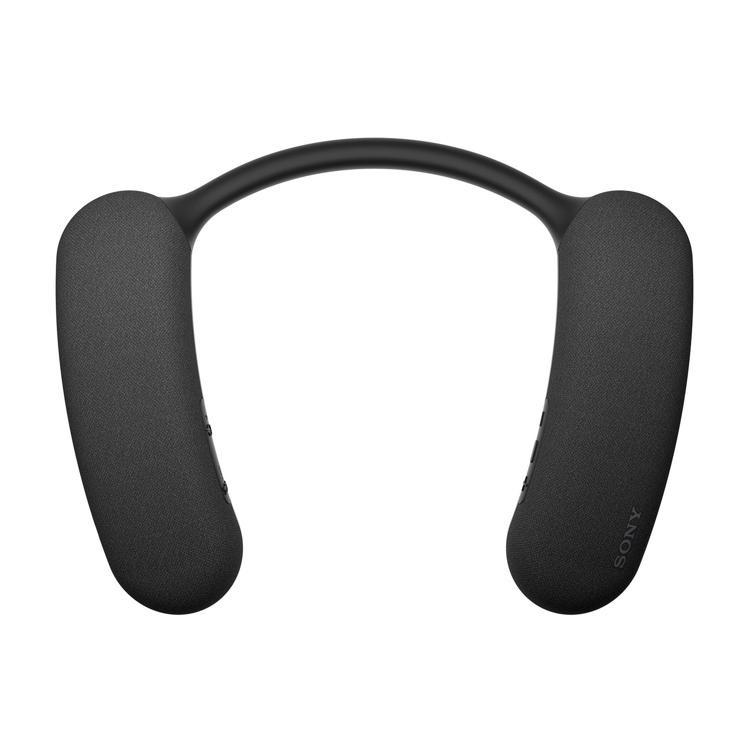 Ein schwarzer Sony Nackenbügellautsprecher vor weißem Hintergrund. Er hat ein gebogenes Design mit gepolsterten Ohrteilen.