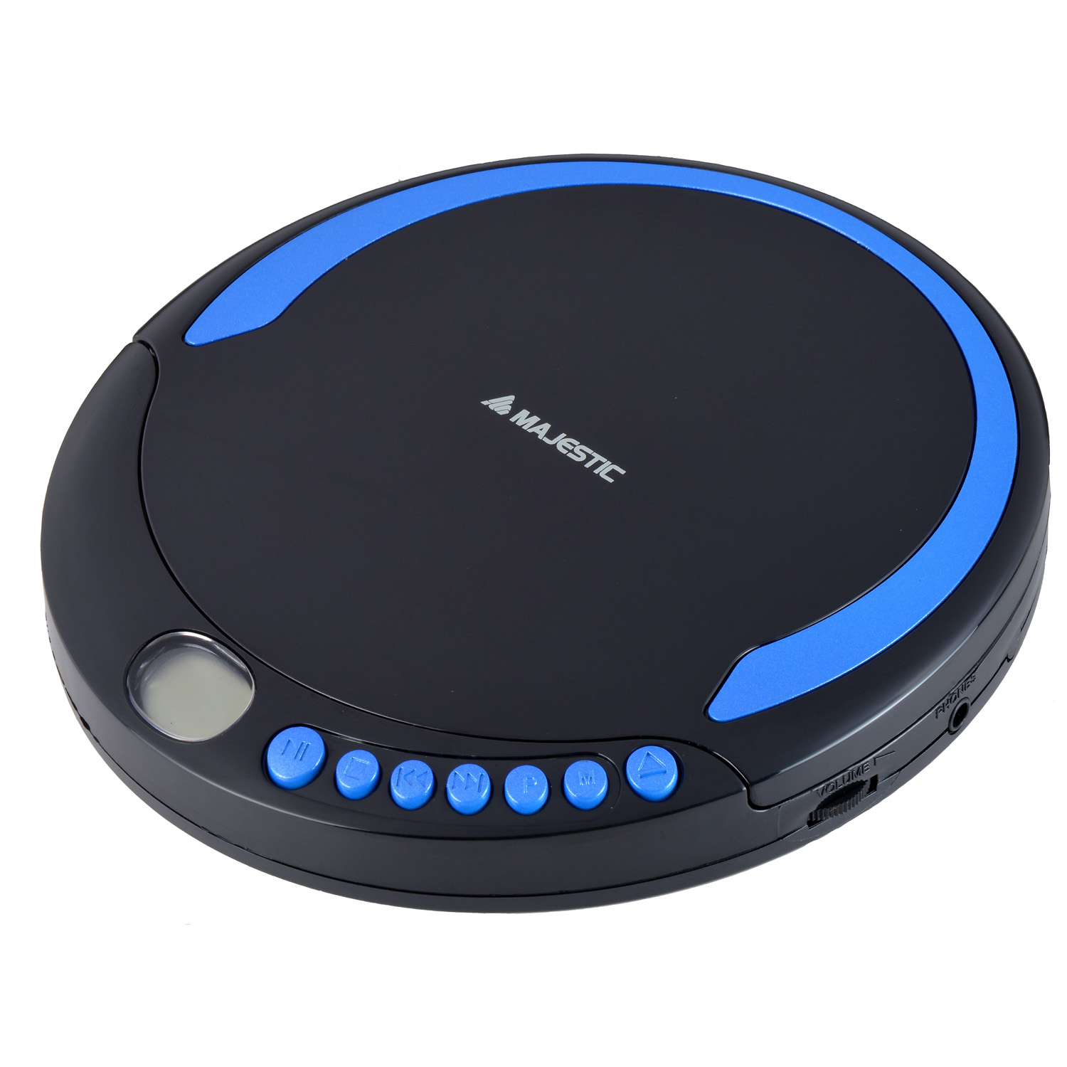 Un lettore CD portatile nero e blu con pulsanti e schermo. Il marchio è 'Majestic'. Il dispositivo è su sfondo bianco.