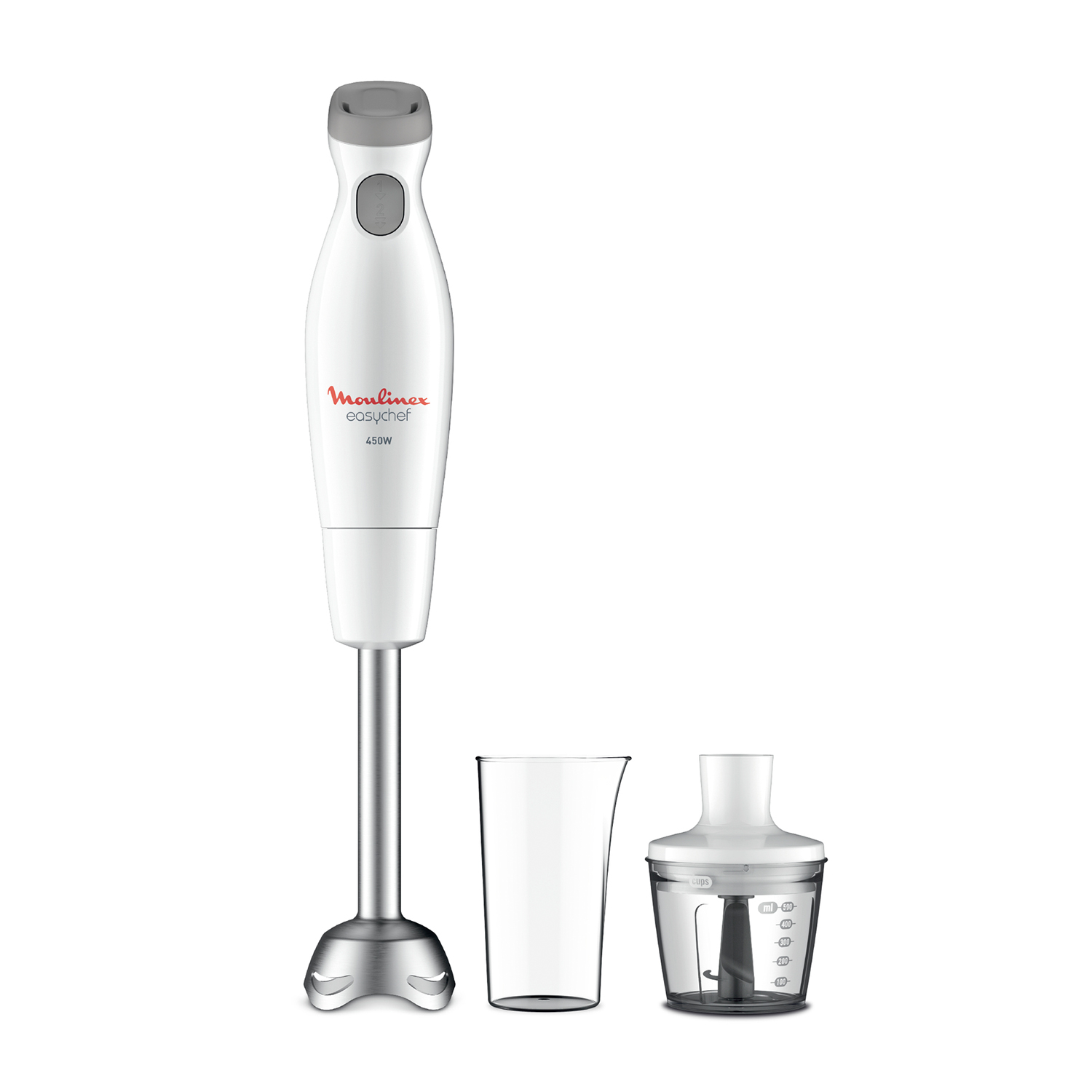 Biały i srebrny blender ręczny Moulinex Easychef z kubkiem i rozdrabniaczem na białym tle.