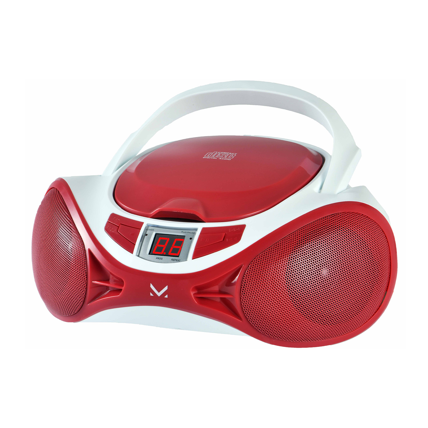 Ein rot-weißer Ghettoblaster mit Griff. Er hat zwei rote Lautsprecher, eine Digitalanzeige und einen CD-Player.
