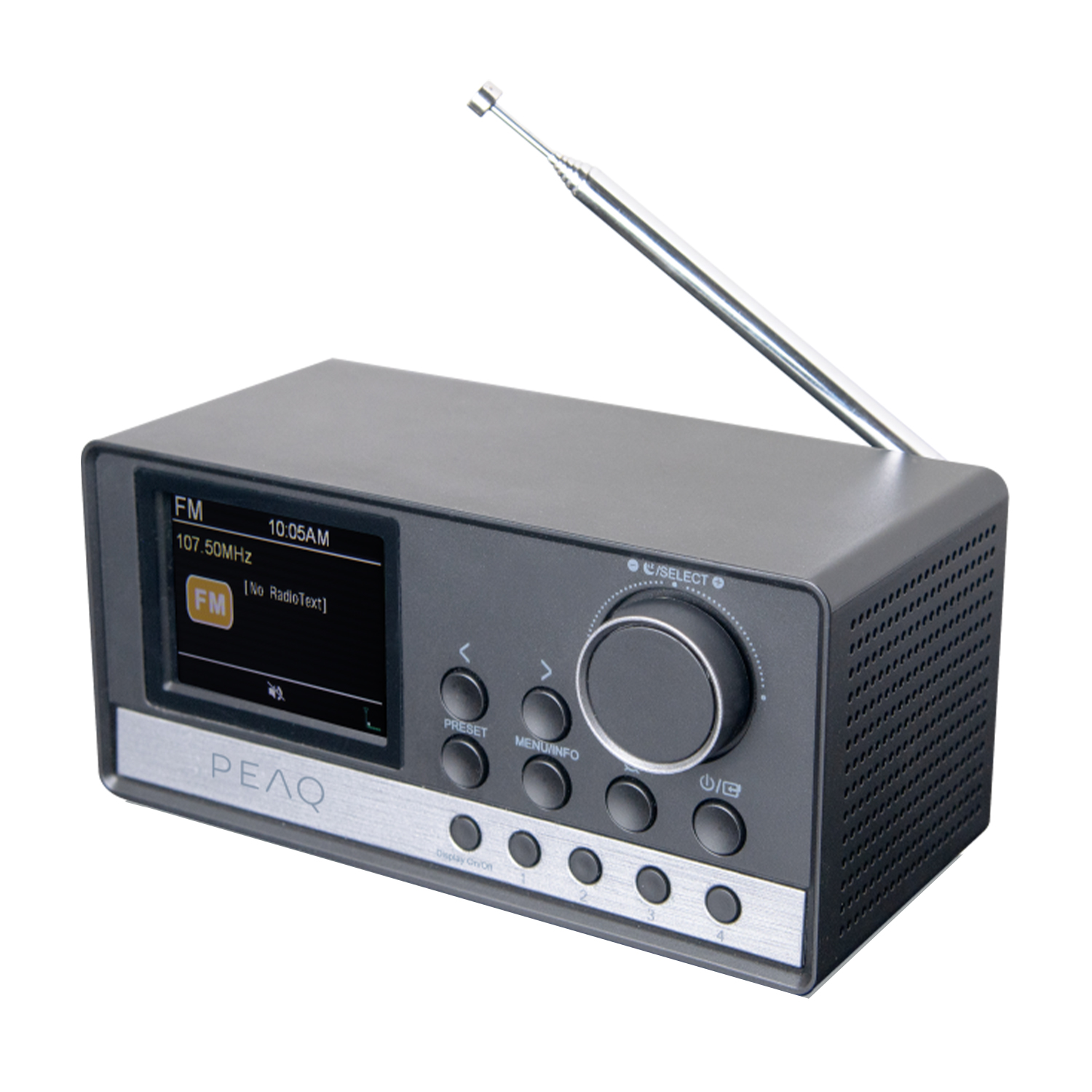 Ein graues Radio mit Silberantenne, Display zeigt FM 107,50 MHz und 10:05 Uhr an. Es hat Knöpfe und einen Knopf zur Steuerung.