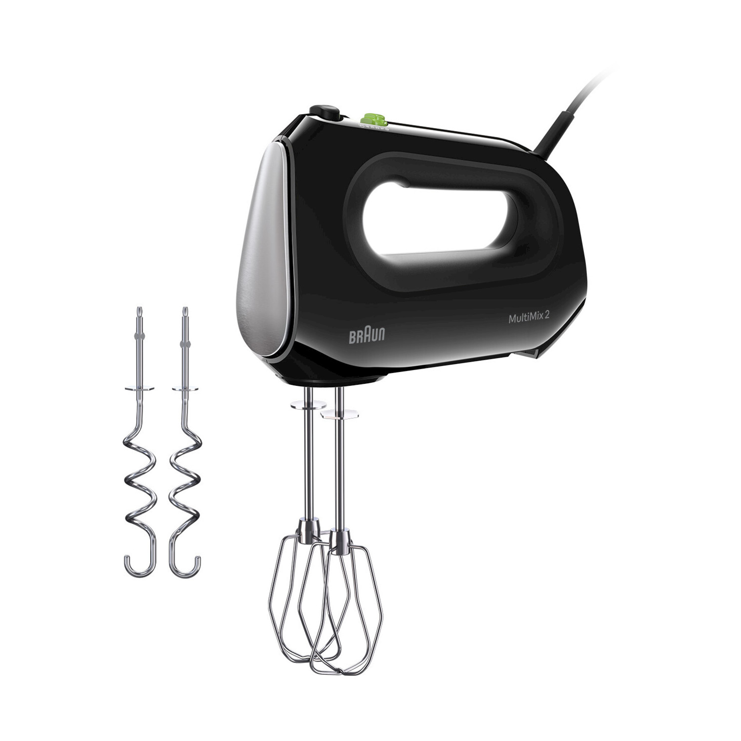 Ein schwarzer Braun MultiMix 2 Handmixer auf weißem Hintergrund. Enthält Rührbesen und Knethaken.