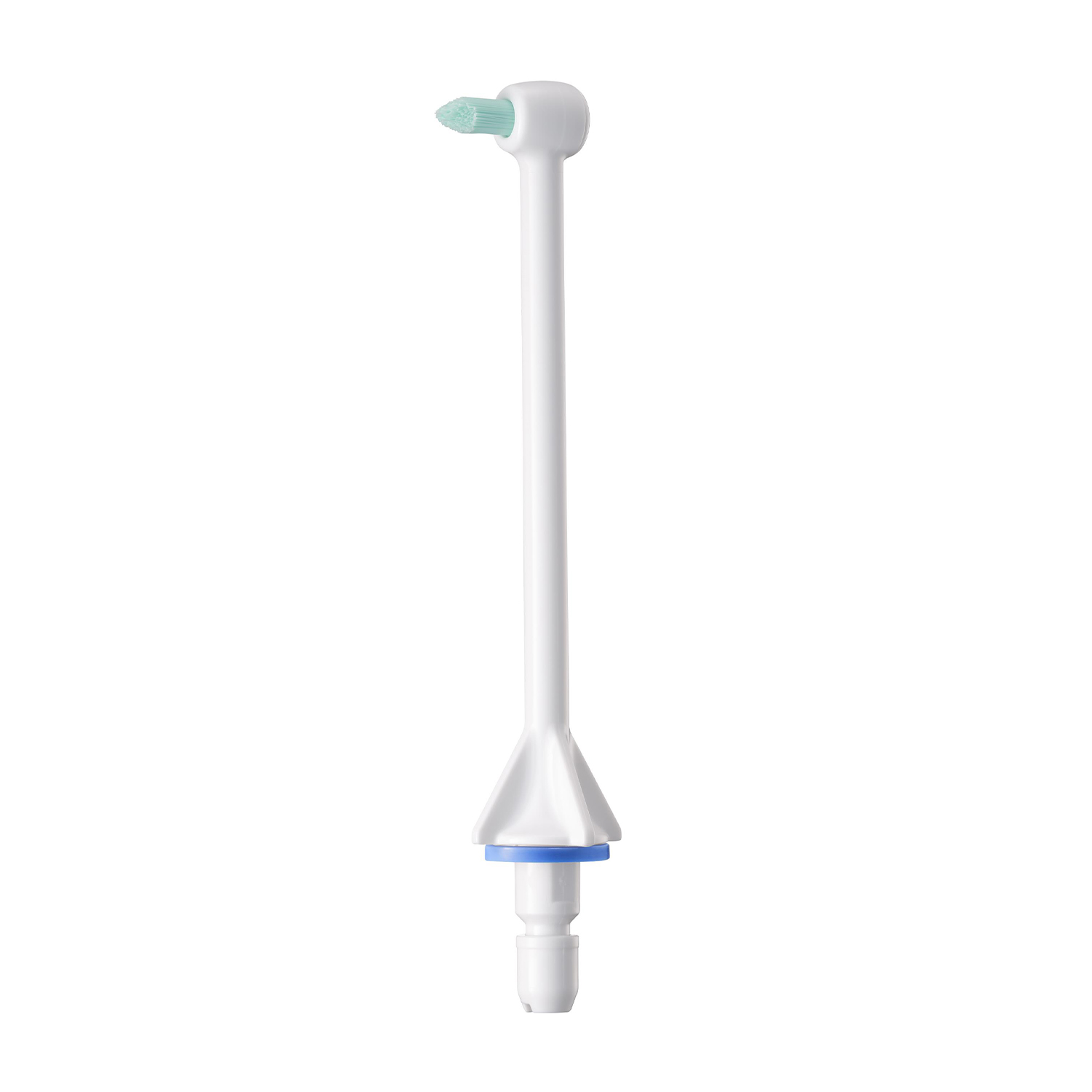 Une tête de brosse à dents blanche avec un long manche. La tête a des poils verts. Un anneau bleu à la base.