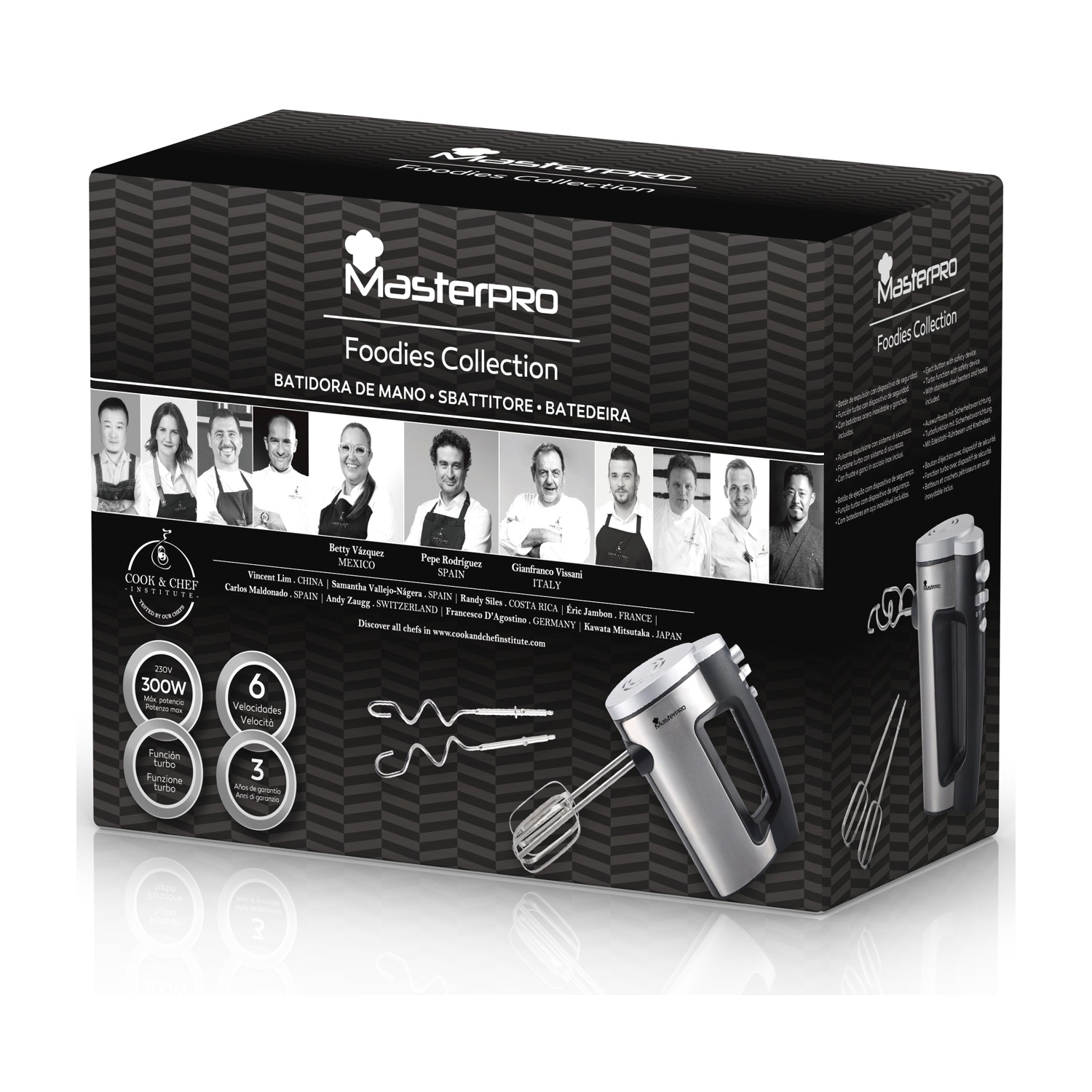 Una caja de Masterpro Foodies Collection. Presenta una batidora de mano y retratos de chefs. La caja tiene un diseño negro y gris.