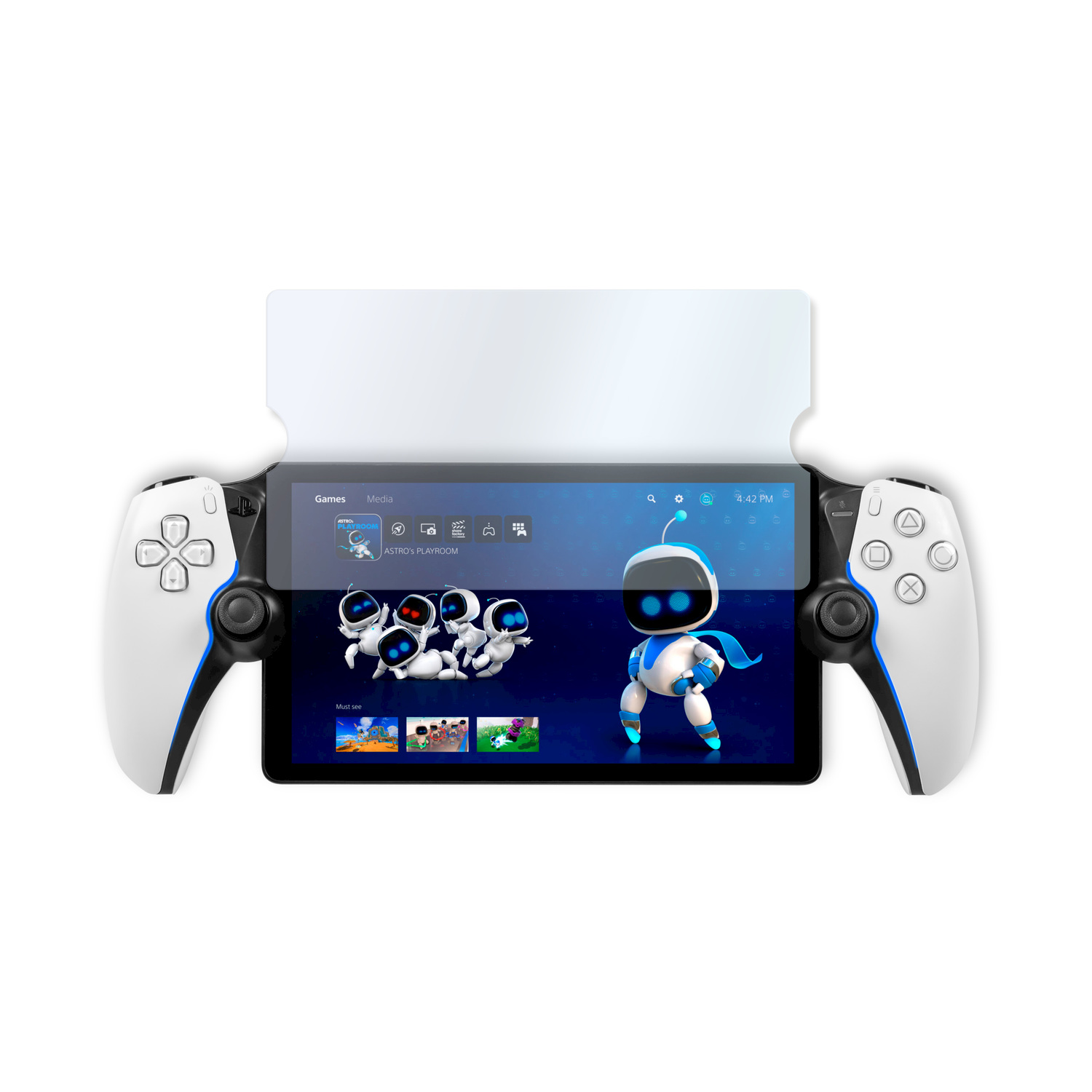 Eine Handheld-Spielkonsole mit einem Bildschirm, auf dem Astro's Playroom angezeigt wird. Weiße Controller flankieren den Bildschirm, weißes Schild darüber.