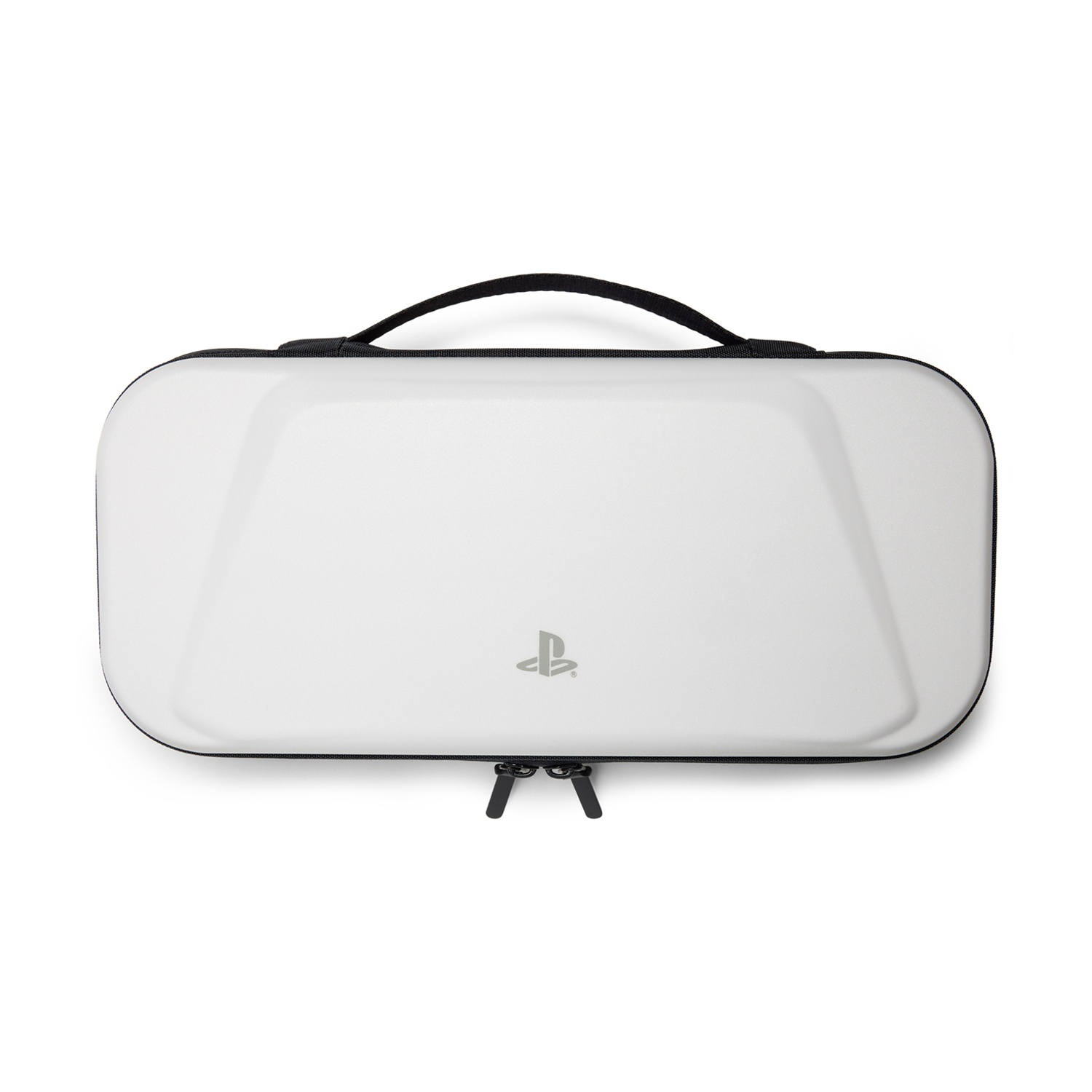 Eine weiße Playstation-Hülle mit schwarzem Griff und Reißverschluss. Auf der Vorderseite befindet sich das Playstation-Logo. Der Hintergrund ist weiß.