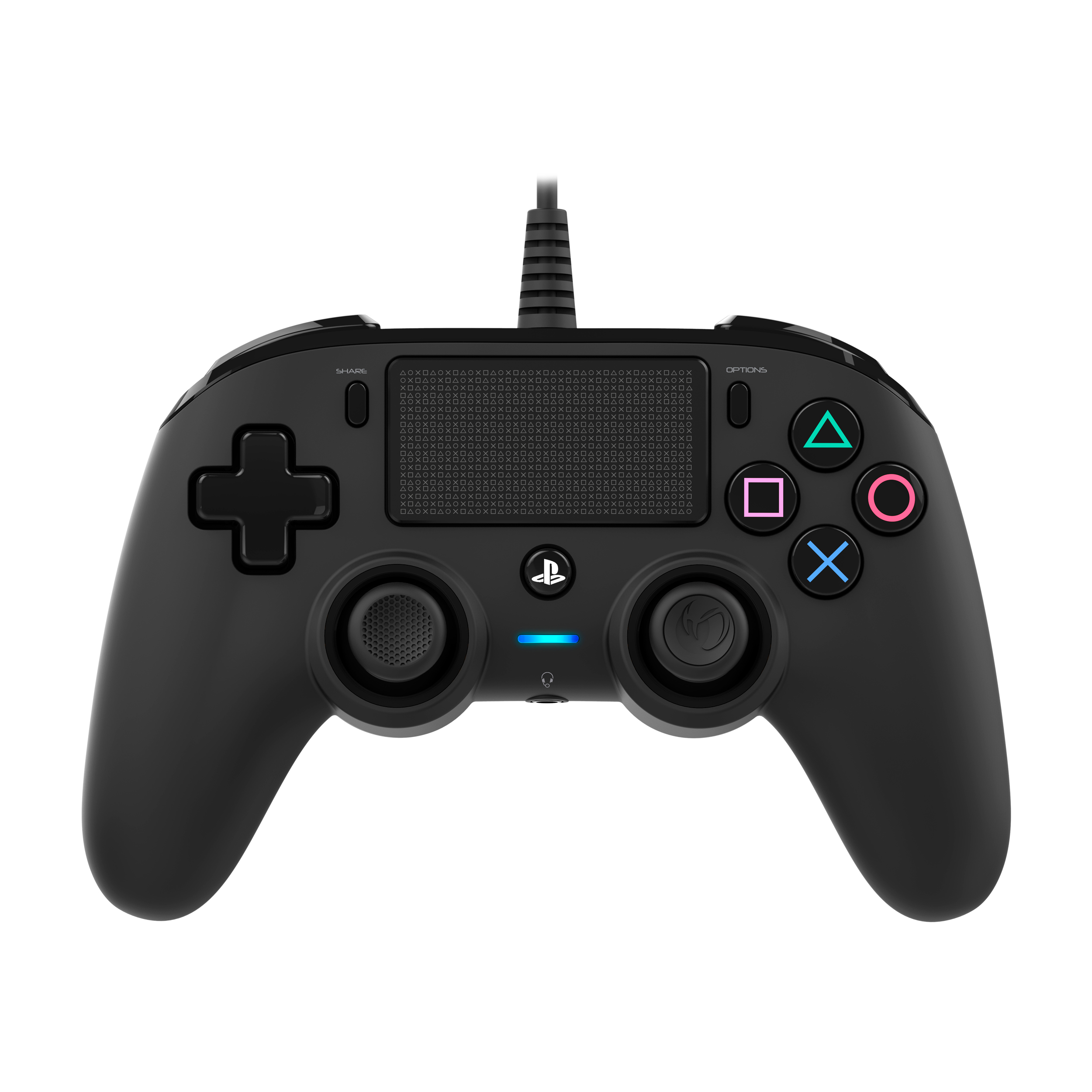 Schwarzer Controller mit Tasten, Steuerkreuz und Kabel. Blaues Licht unten.