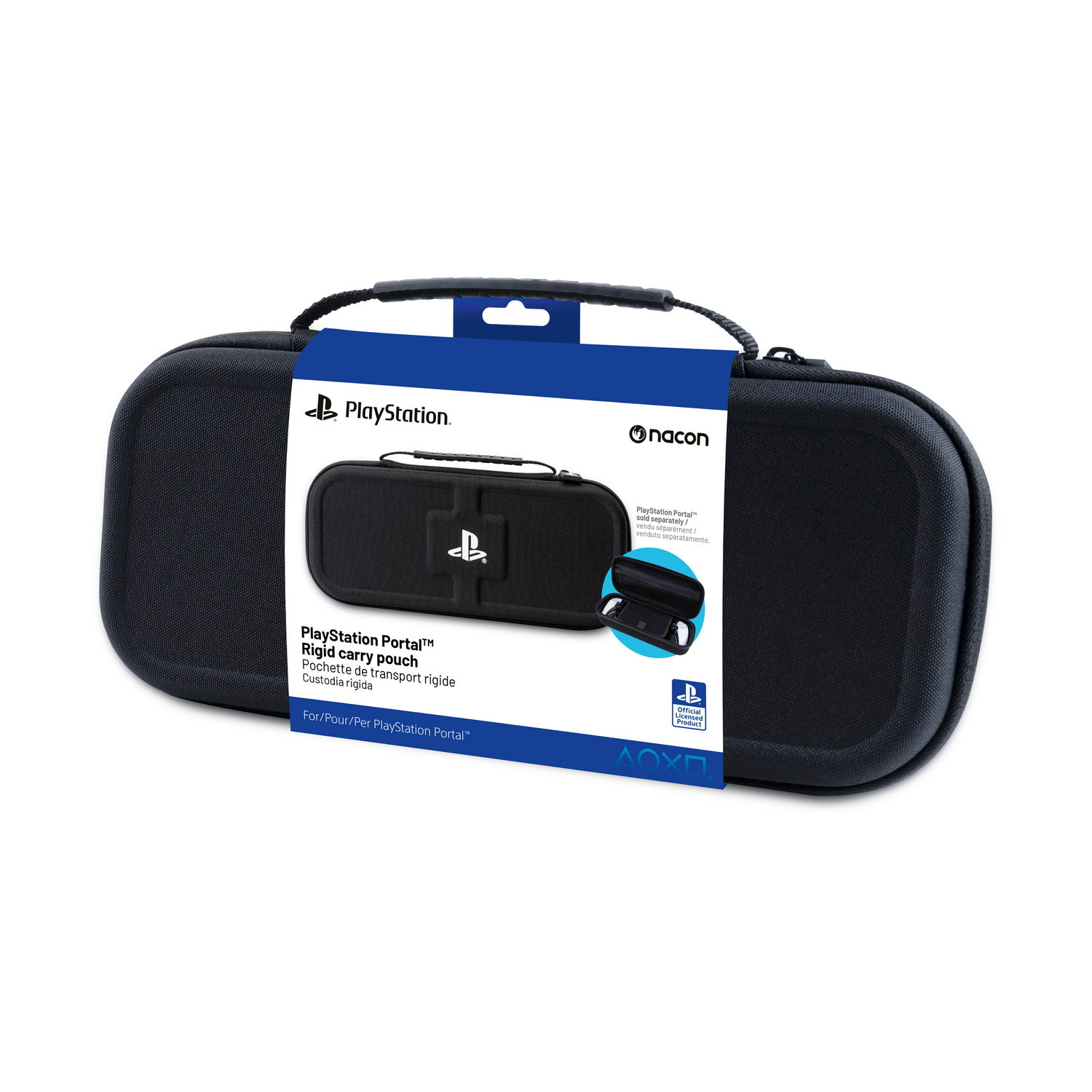 Eine schwarze PlayStation Portal Tragetasche. Sie hat einen Griff und ein PlayStation-Logo. Die Verpackung sagt 'Rigid carry pouch'.
