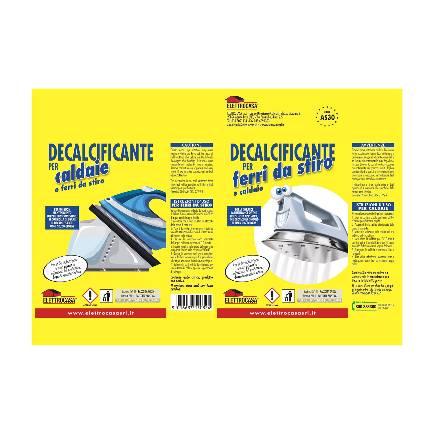 Pudełko produktu do odkamieniania żelazek i generatorów pary z instrukcjami i ostrzeżeniami.