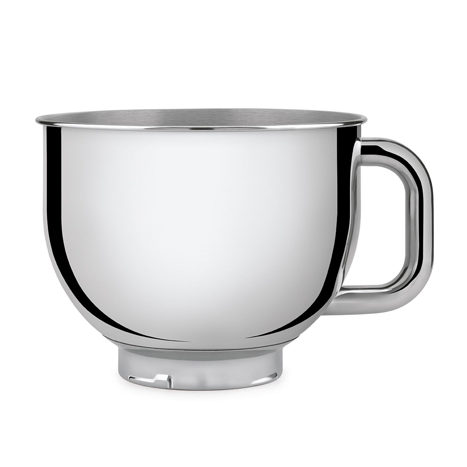 A shiny, stainless steel mixing bowl with a handle, set against a white background. The bowl reflects the light.