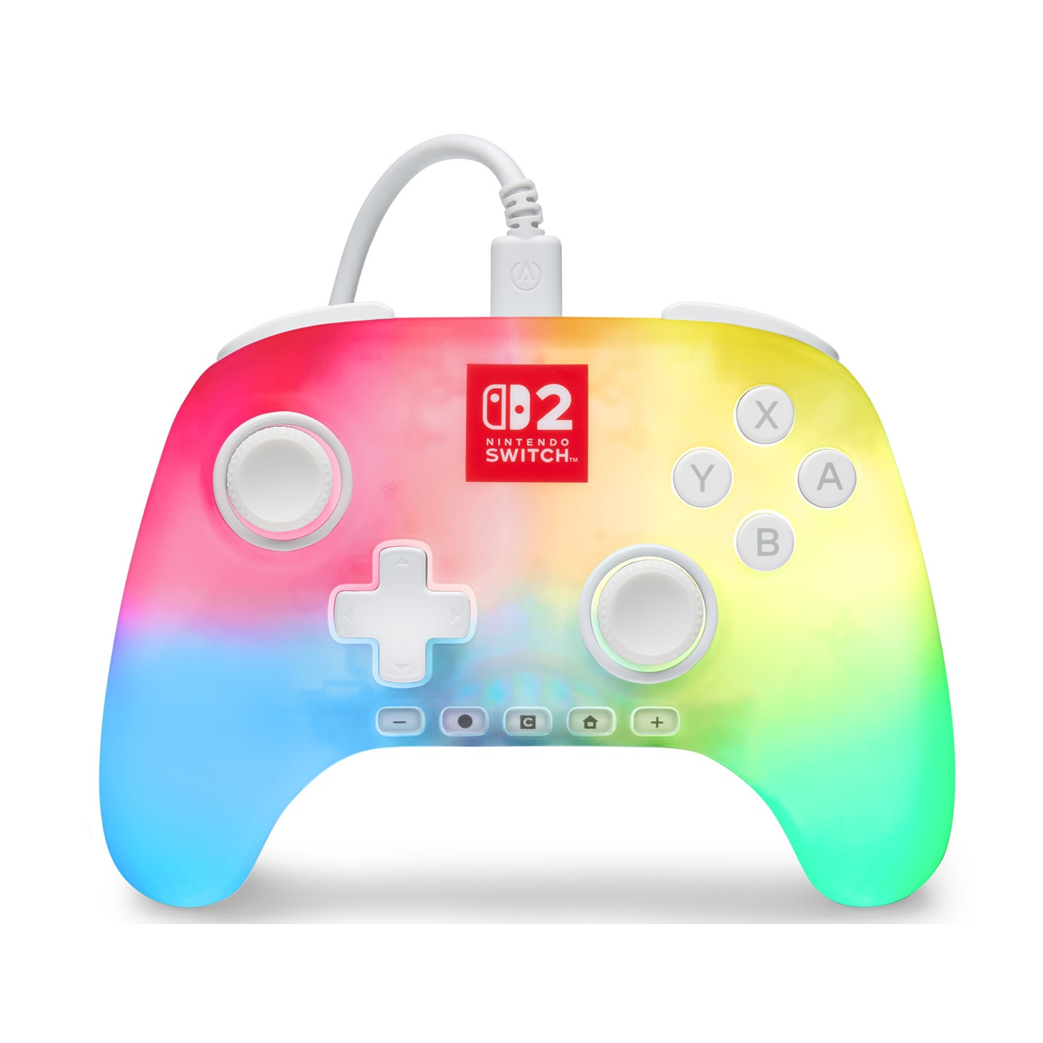 Un mando de Nintendo Switch colorido con un degradado arcoíris. Tiene botones, joysticks y un cable de conexión.
