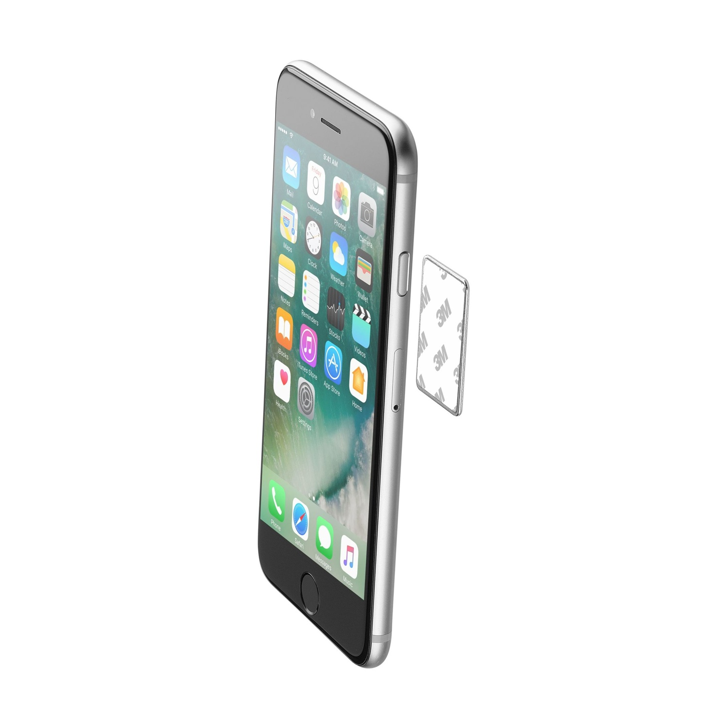Ein silbernes iPhone mit Apps, an dem ein 3M-Klebepad befestigt ist. Der Bildschirm zeigt Uhrzeit, Datum und verschiedene App-Symbole.
