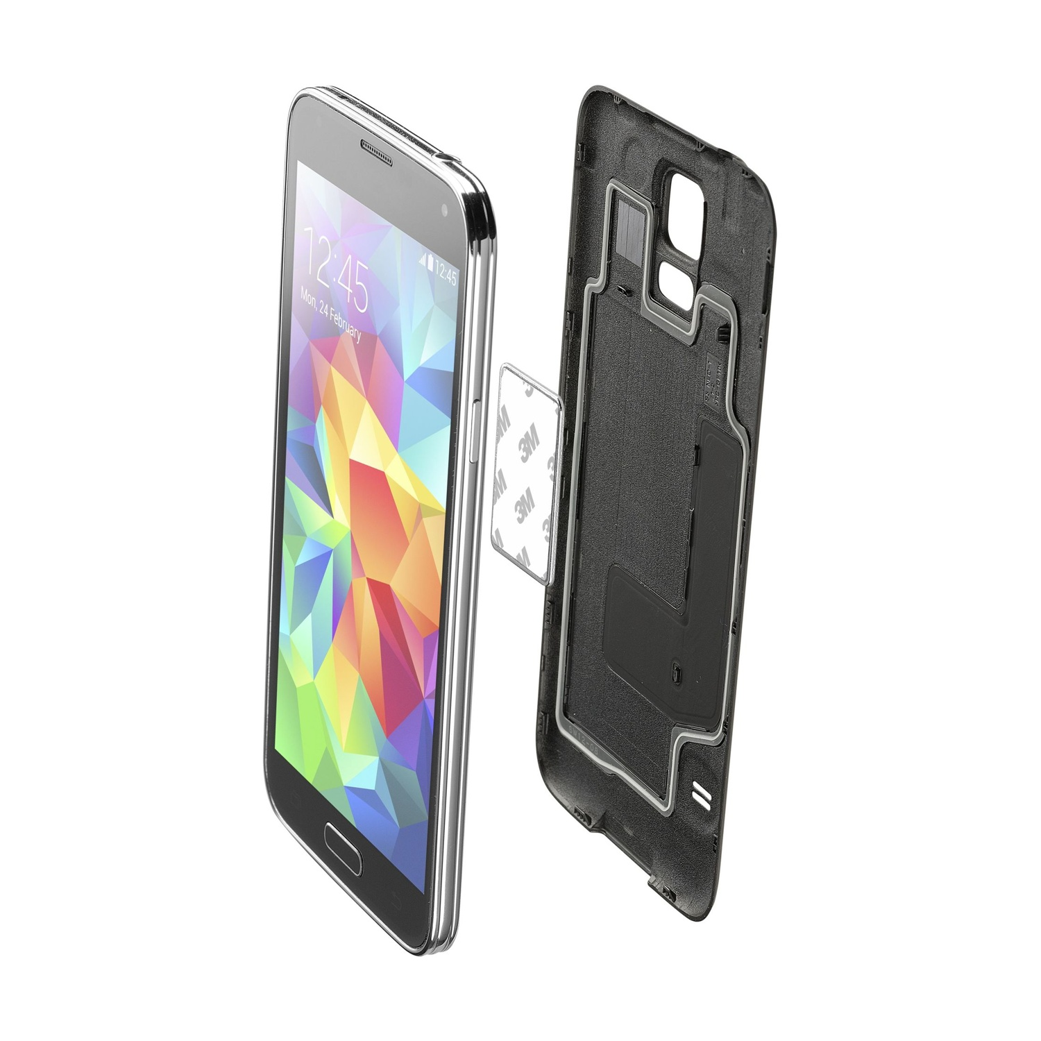 Ein Smartphone mit farbenfrohem Bildschirm schwebt neben einer schwarzen Handyhülle. Ein 3M-Aufkleber verbindet sie. Weißer Hintergrund.