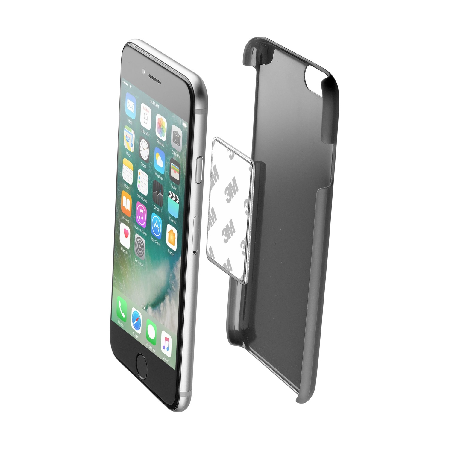 Ein iPhone mit seinen Apps, eine Schutzhülle und ein 3M-Klebe-Pad, alles vor weißem Hintergrund.